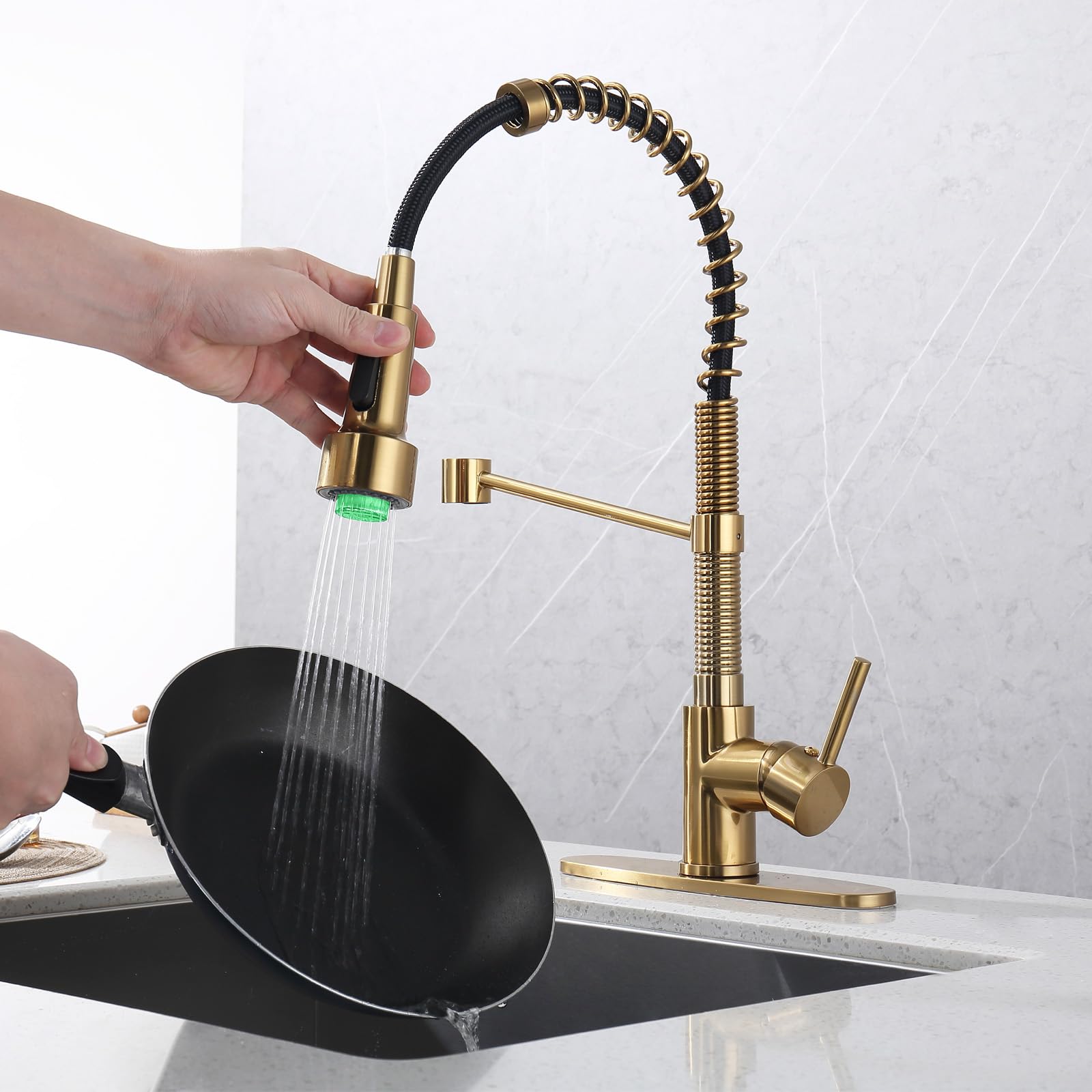 Brushed Gold LED Kitchen Faucet with Pull Down Sprayer - Lead-Free Solid Brass Dual Function Sprayer for RV & Home Kitchen Sink (Champagne Bronze) - Perfect for Modern Kitchens, RVs, and Outdoor Cooking Areas
