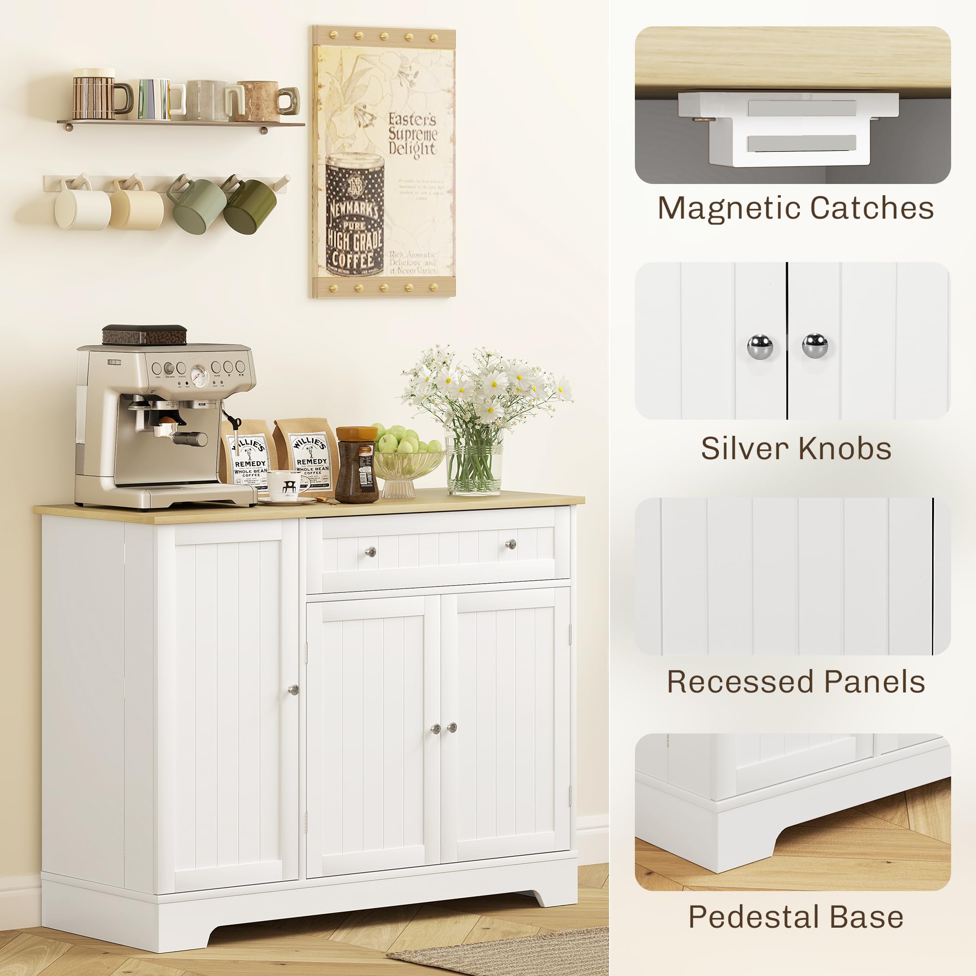 Modern White Coffee Bar Cabinet with Storage & Adjustable Shelves - Sideboard Buffet Cabinet with Drawers for Small Kitchen Pantry - Perfect for Home Bar, Dining Room & Kitchen Organization