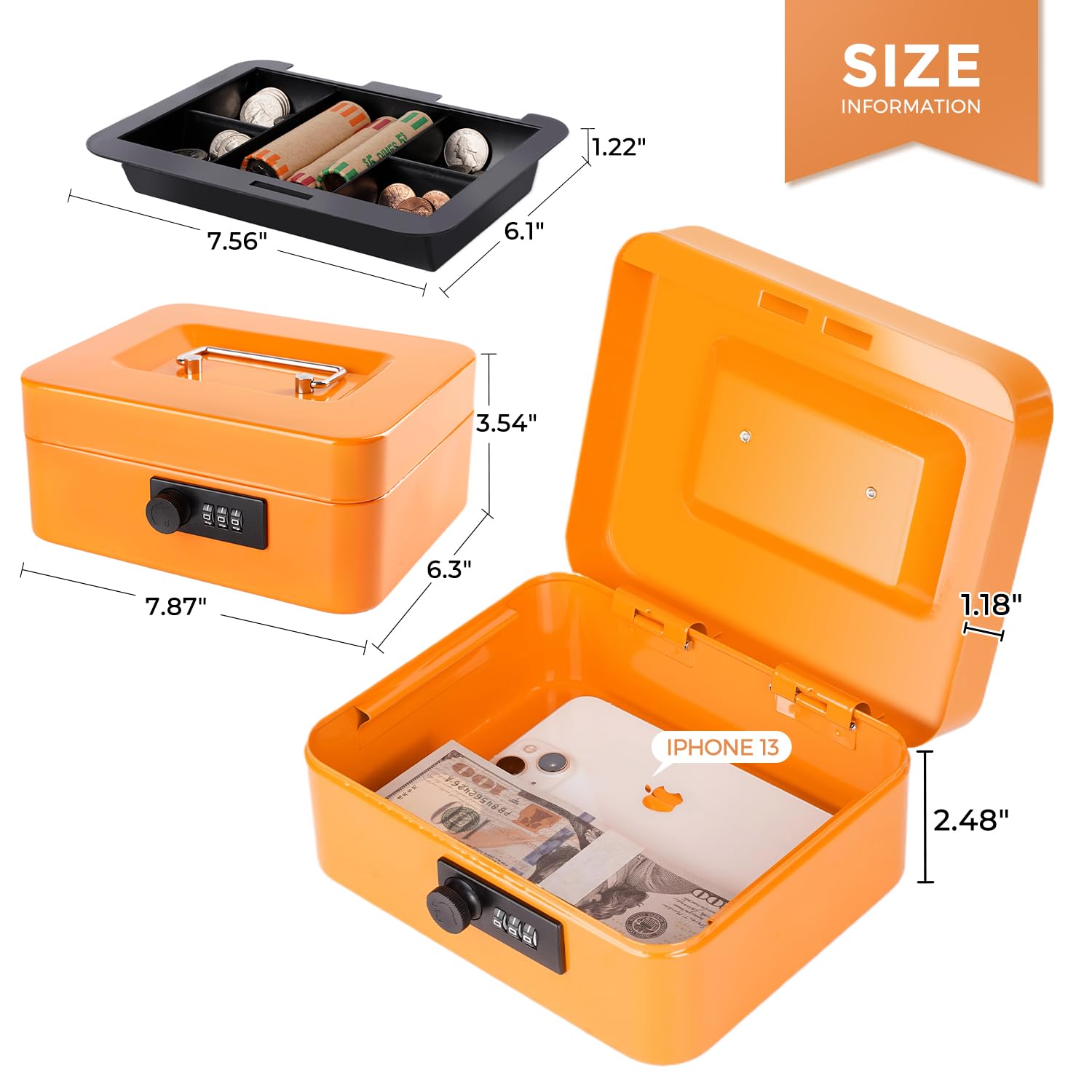Metal Cash Box with Money Tray & Combination Lock - 7.87