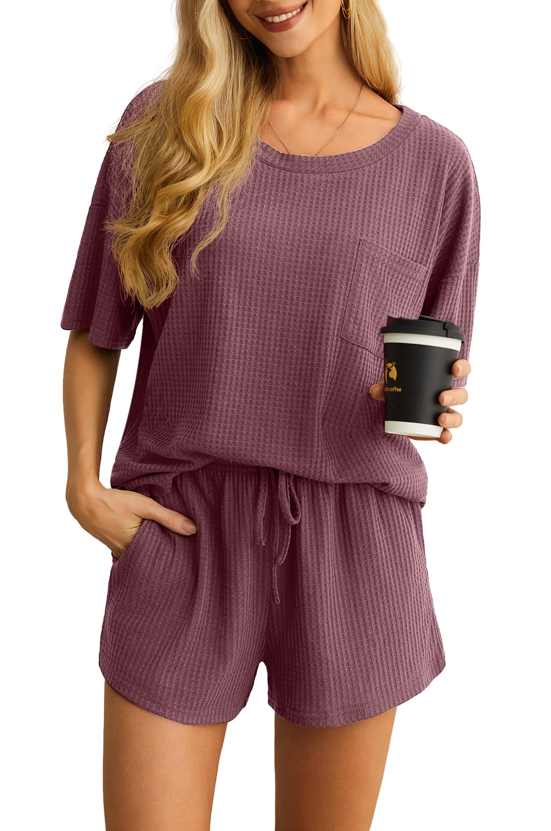 PrinStory Women's Waffle Knit Pajama Set - 2 Piece Loungewear with Pockets | Soft Lounge Outfit for Sleep, Relaxing at Home & Cozy Nights