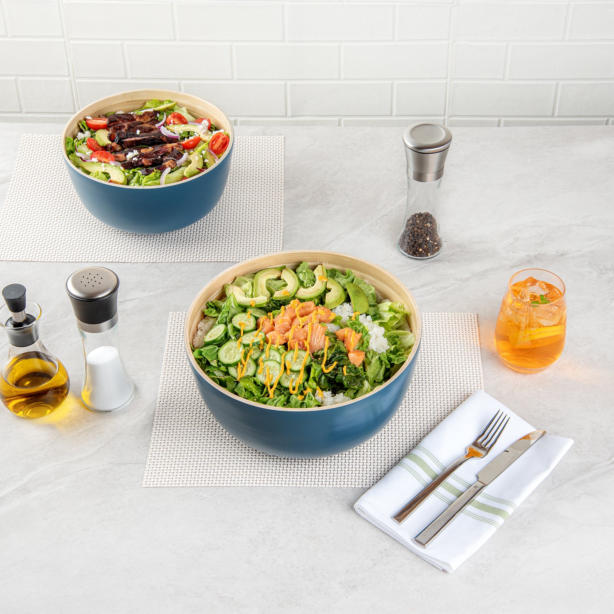 Bambuddha 30 oz Round Blue Spun Bamboo Large Salad Bowl - 11 x 11 x 5.5 Inches - Eco-Friendly Serving Bowl for Salads, Pasta, Fruits & Snacks - Perfect for Family Dinners & Parties - 1 Count Box