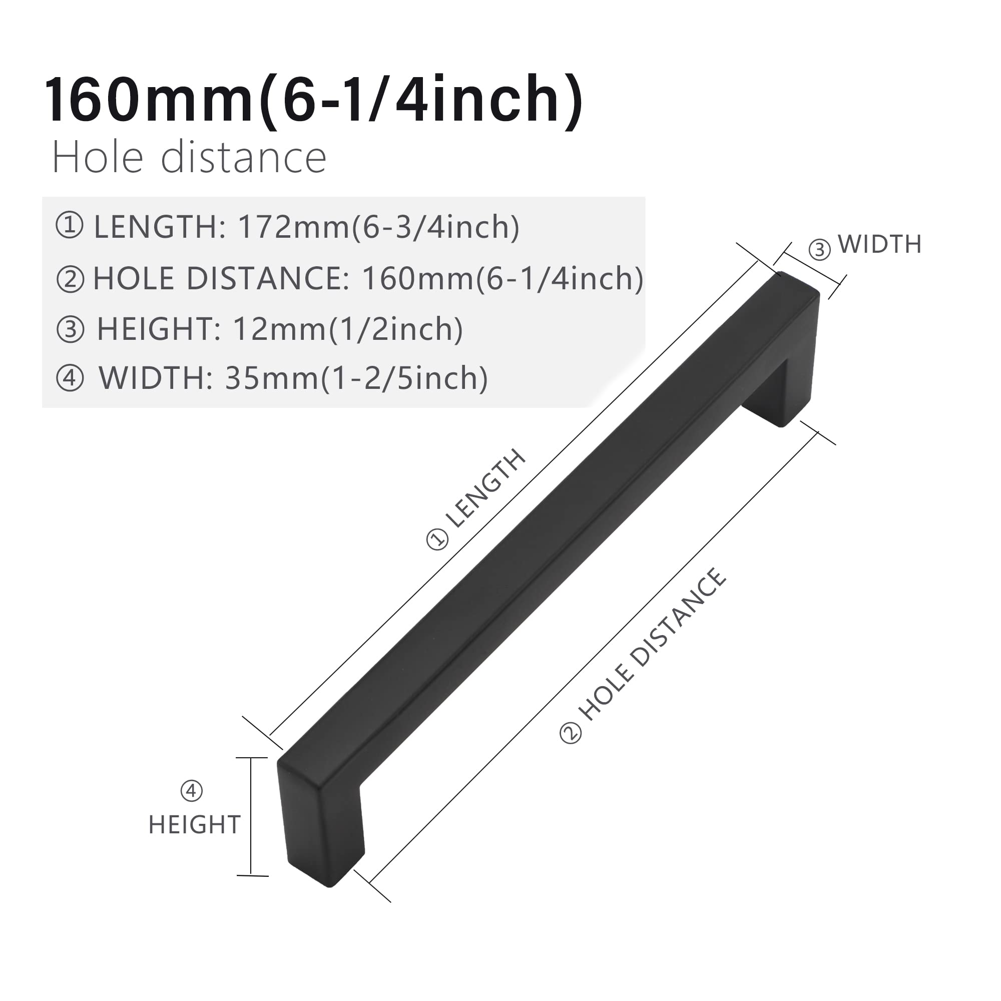 Matte Black Cabinet Pulls - 5 Pack 6-1/4 Inch Square Drawer Handles, Stainless Steel Kitchen Cupboard Hardware (160mm Hole Centers) - Perfect for Modern Kitchen & Bathroom Cabinets
