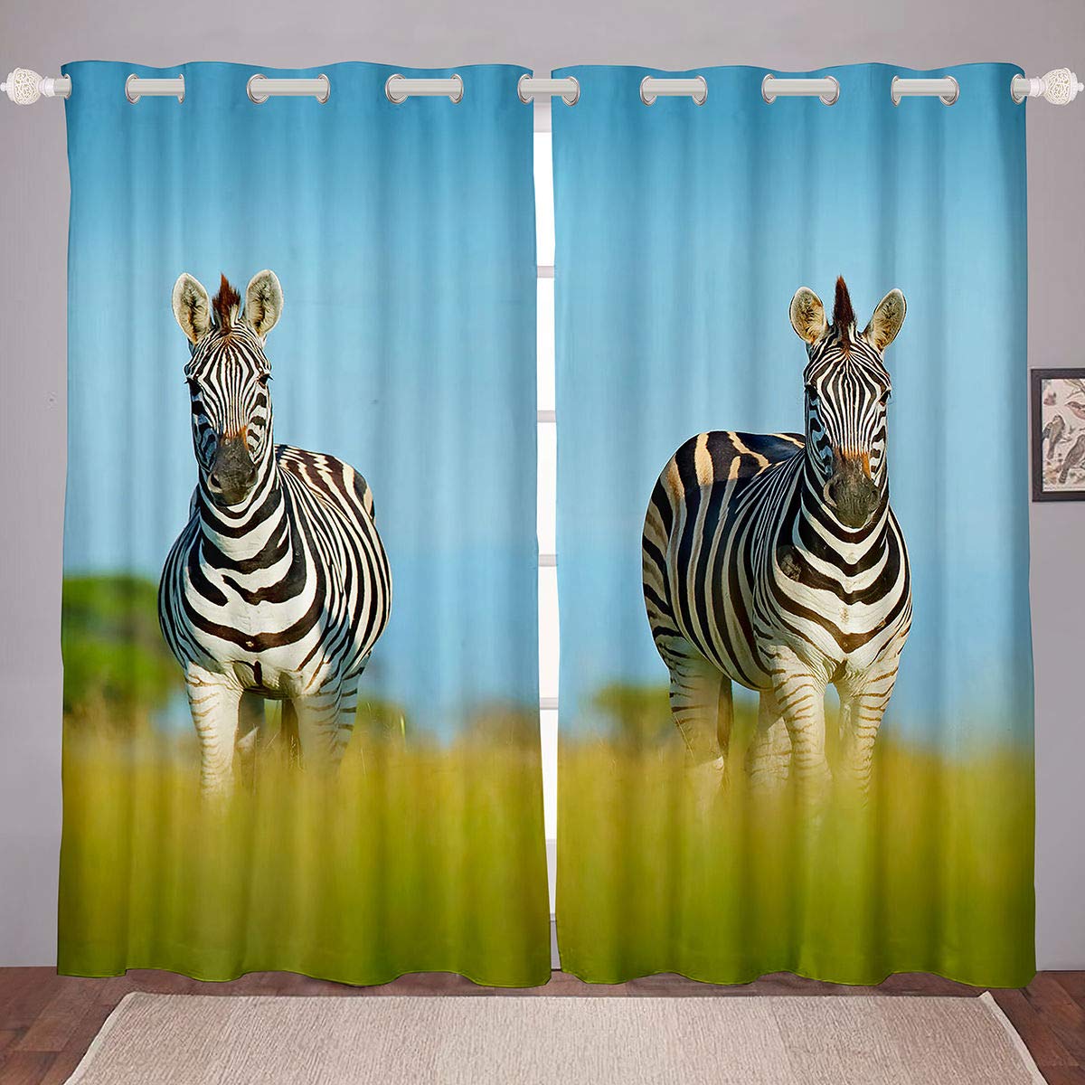Zebra Print Curtains for Bedroom - Sky Blue with Grassland Design, Black & White Horse Pattern Window Treatment (2 Panels, 104