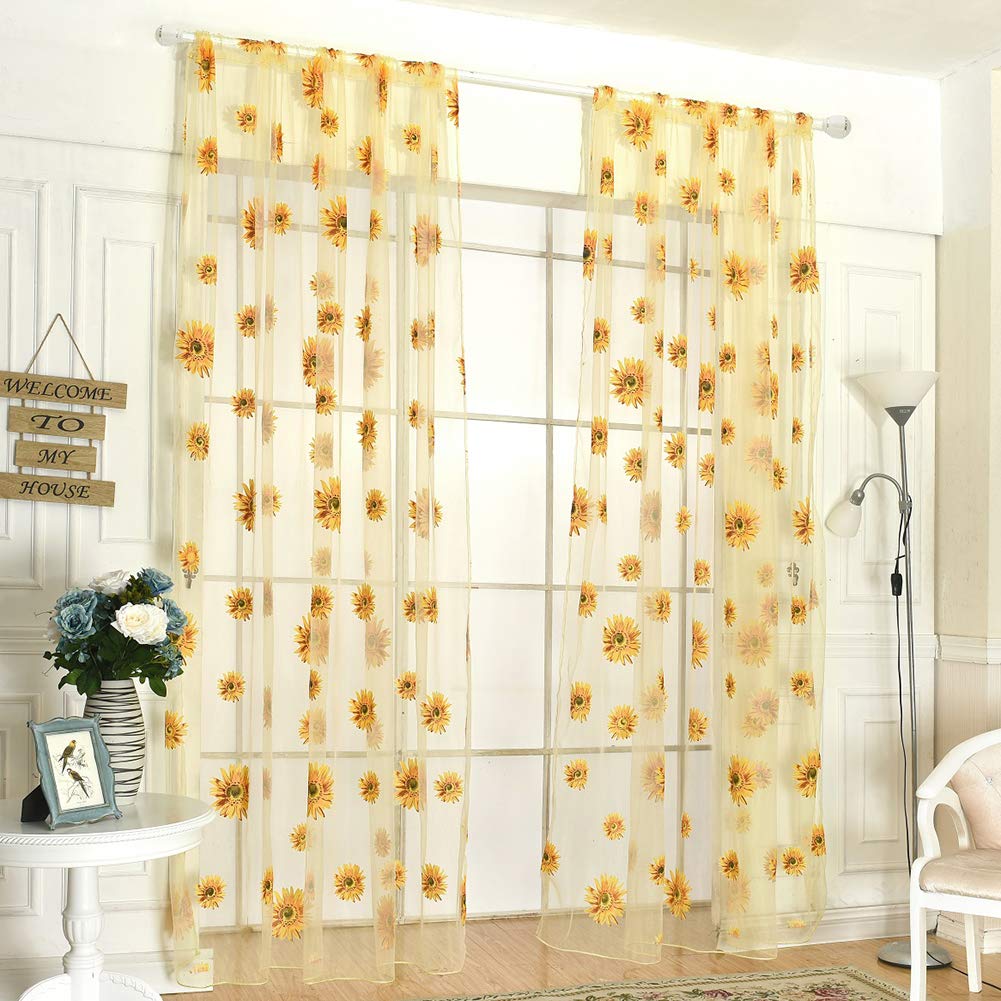 Sunflower Sheer Curtains for Kitchen & Living Room - 37x78.5 Inch Voile Window Panels with Rod Pocket, Floral Drape for Bedroom Door & Scarf Decor - Light Filtering Transparent Curtains for Cozy Home Atmosphere