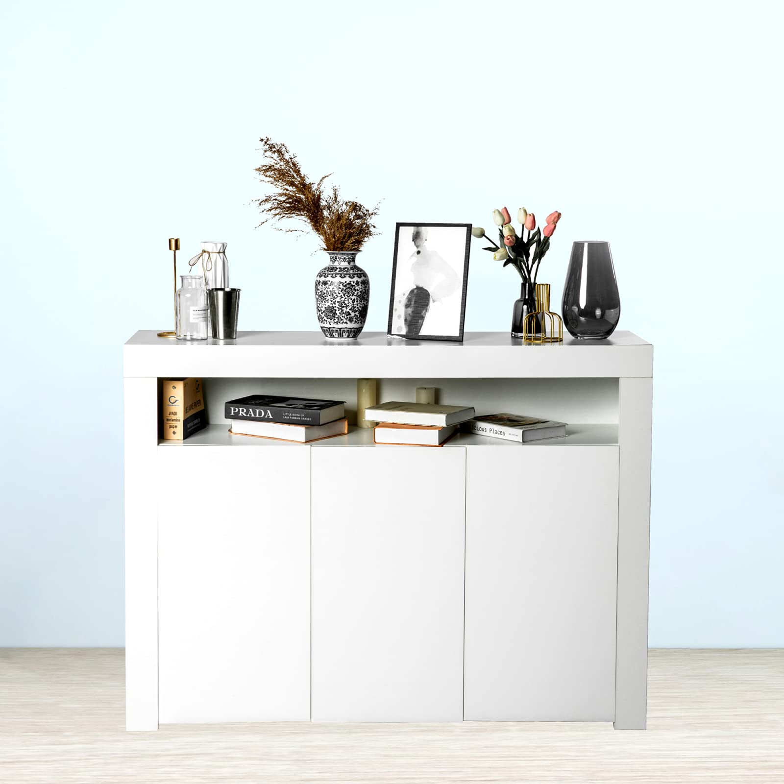 Mid Century Modern Sideboard with LED Lights - High Gloss White Buffet Cabinet with Storage, UV Coated Entryway Console Table for Living Room, Hallway, Kitchen & Dining Room | Perfect for Home Decor, Entertaining & Space Saving Storage Solutions