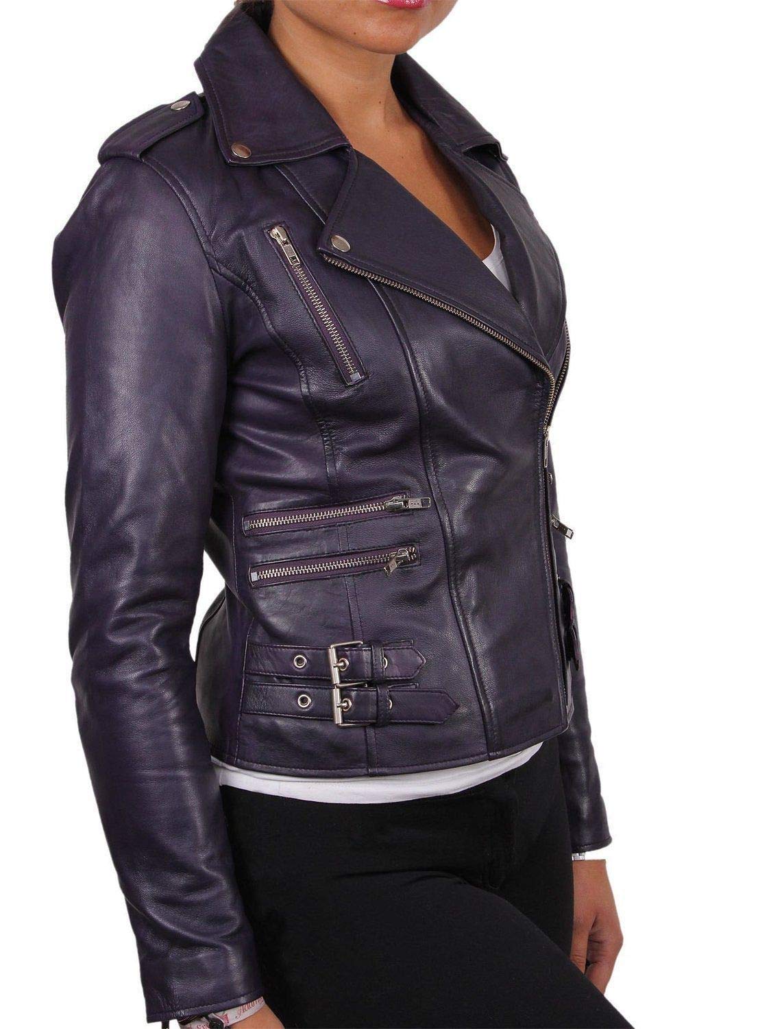 Stylish Women's Purple Real Leather Motorcycle Jacket - Quilted Bomber Biker Outerwear for Riding & Casual Wear | Fashionable & Durable