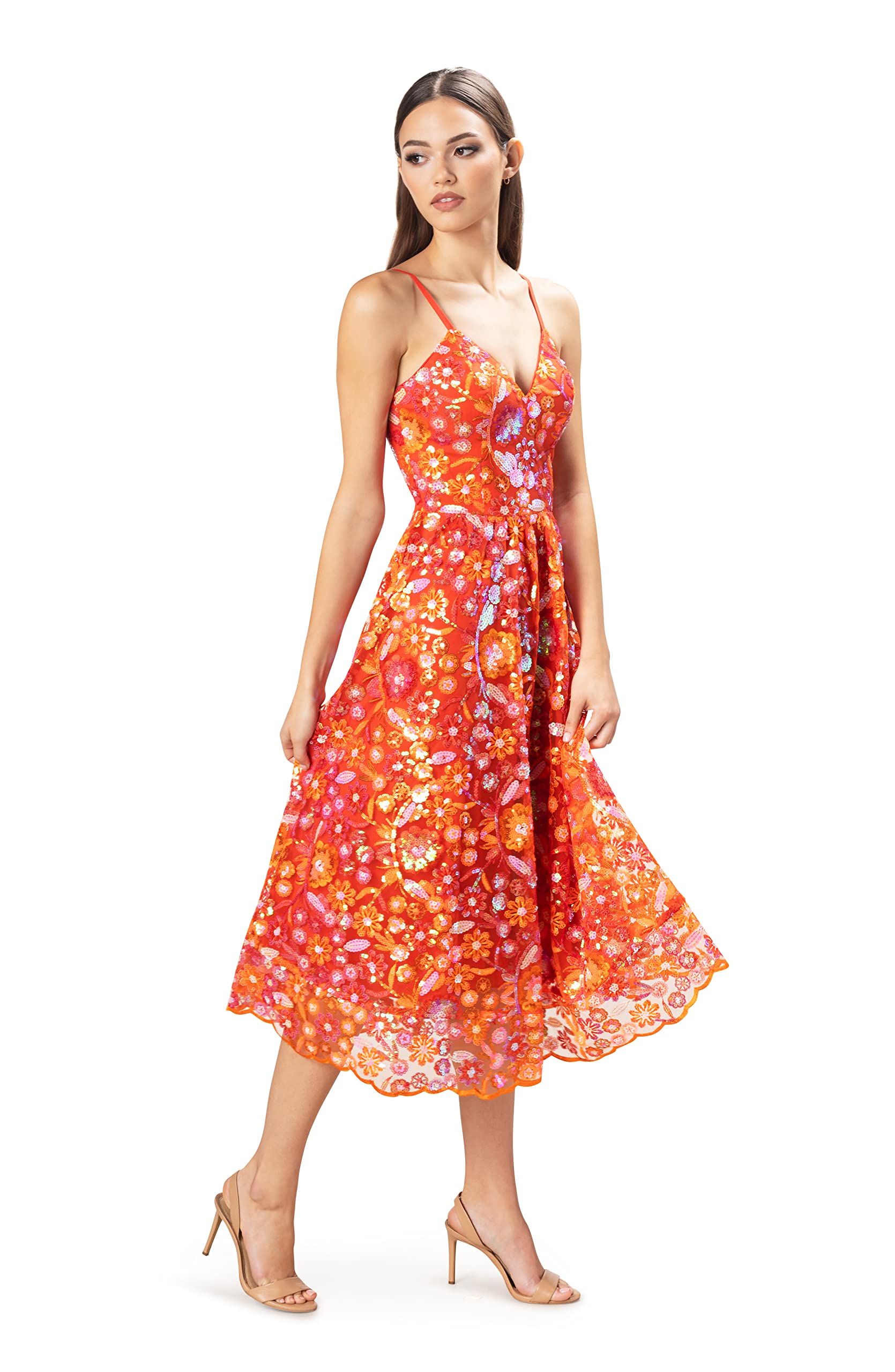 Dress the Population Women's Maren Fit and Flare Midi Dress - Elegant A-Line Cocktail Dress for Weddings, Parties & Special Occasions