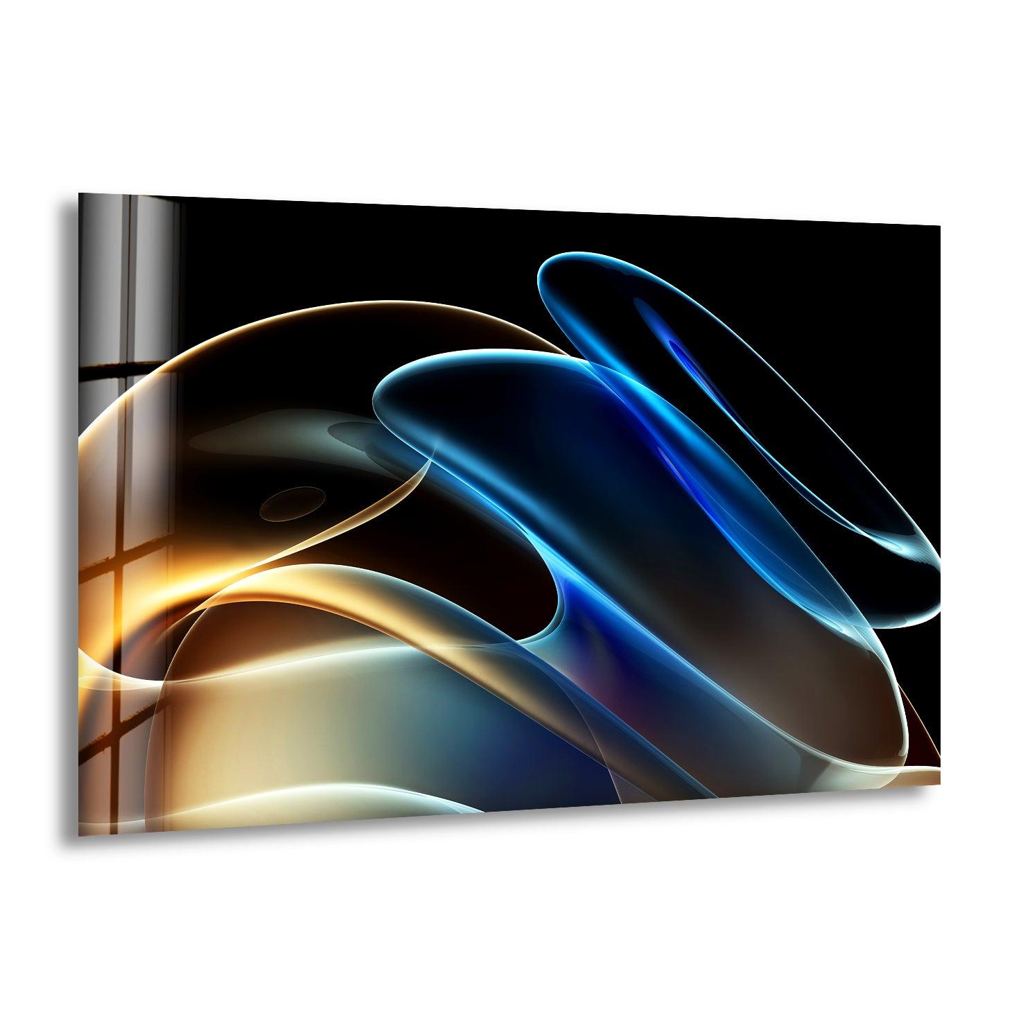 Blue Neon Wave Abstract Glass Wall Art - Modern Home Decor for Living Room, Bedroom & Office - Unique Handmade Glass Painting for Stylish Interior Design