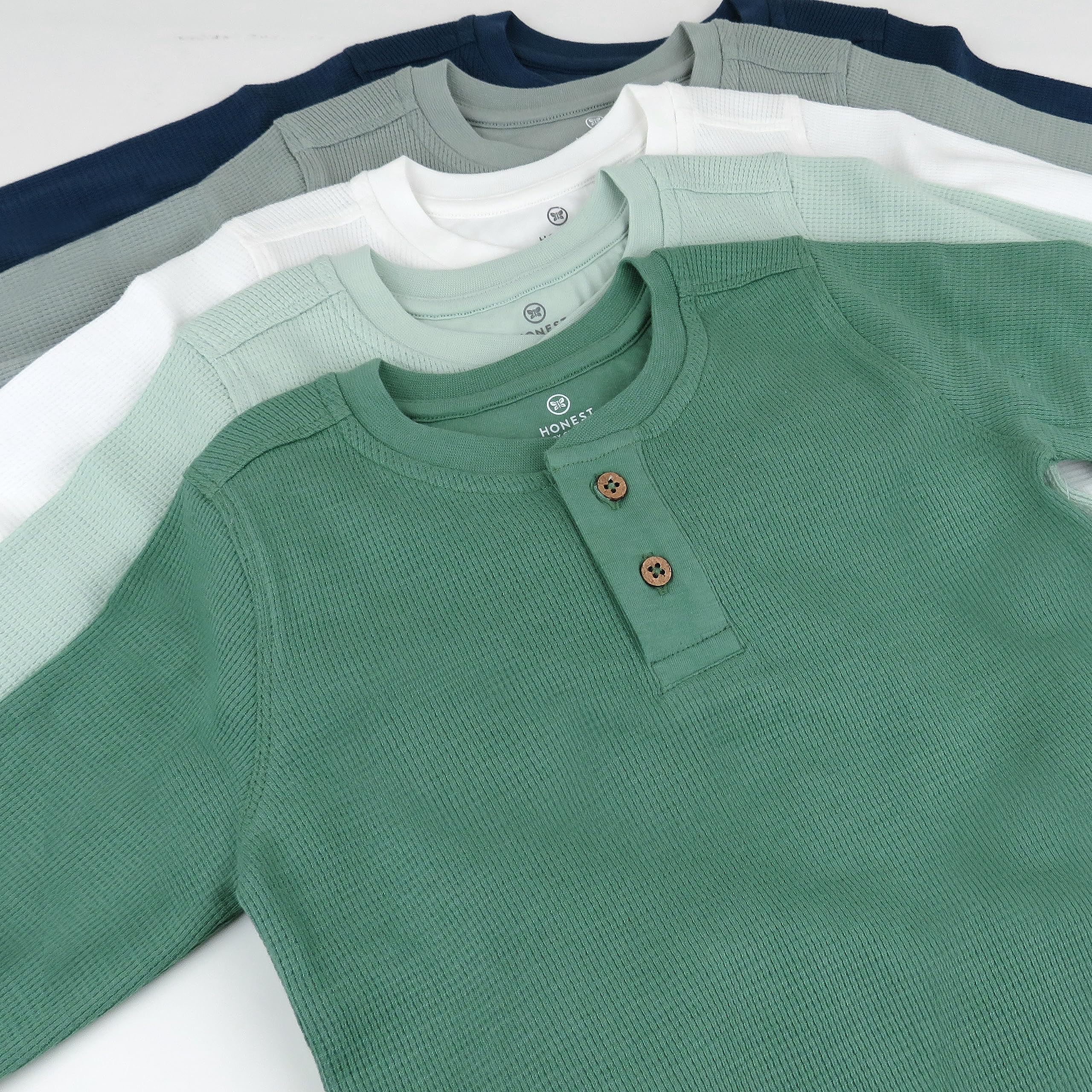 HonestBaby 5-Pack Organic Cotton Waffle Henley Long Sleeve Shirts for Babies & Toddlers - Soft Unisex Infant Clothing for Playtime, Daycare & Family Outings