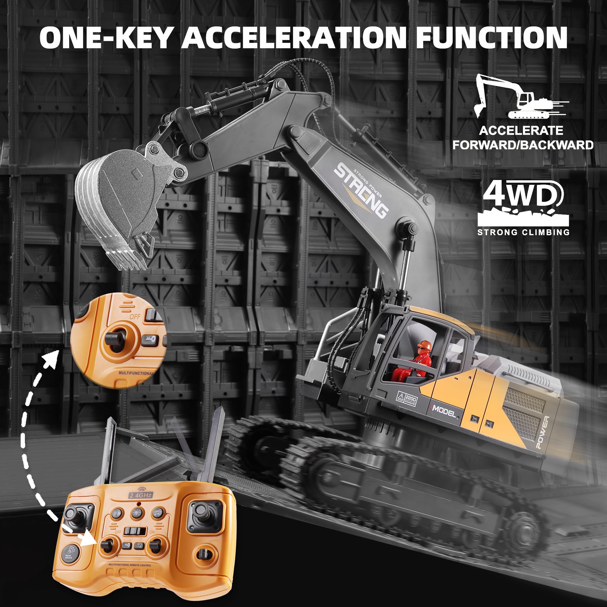 16 Channel Remote Control Excavator Toy - RC Construction Digger with Metal Head, One-Click Acceleration, Realistic Smoke/Sound/Lights - Best Gift for Boys Ages 6-12 | Outdoor Play, Construction Pretend, Birthday Present