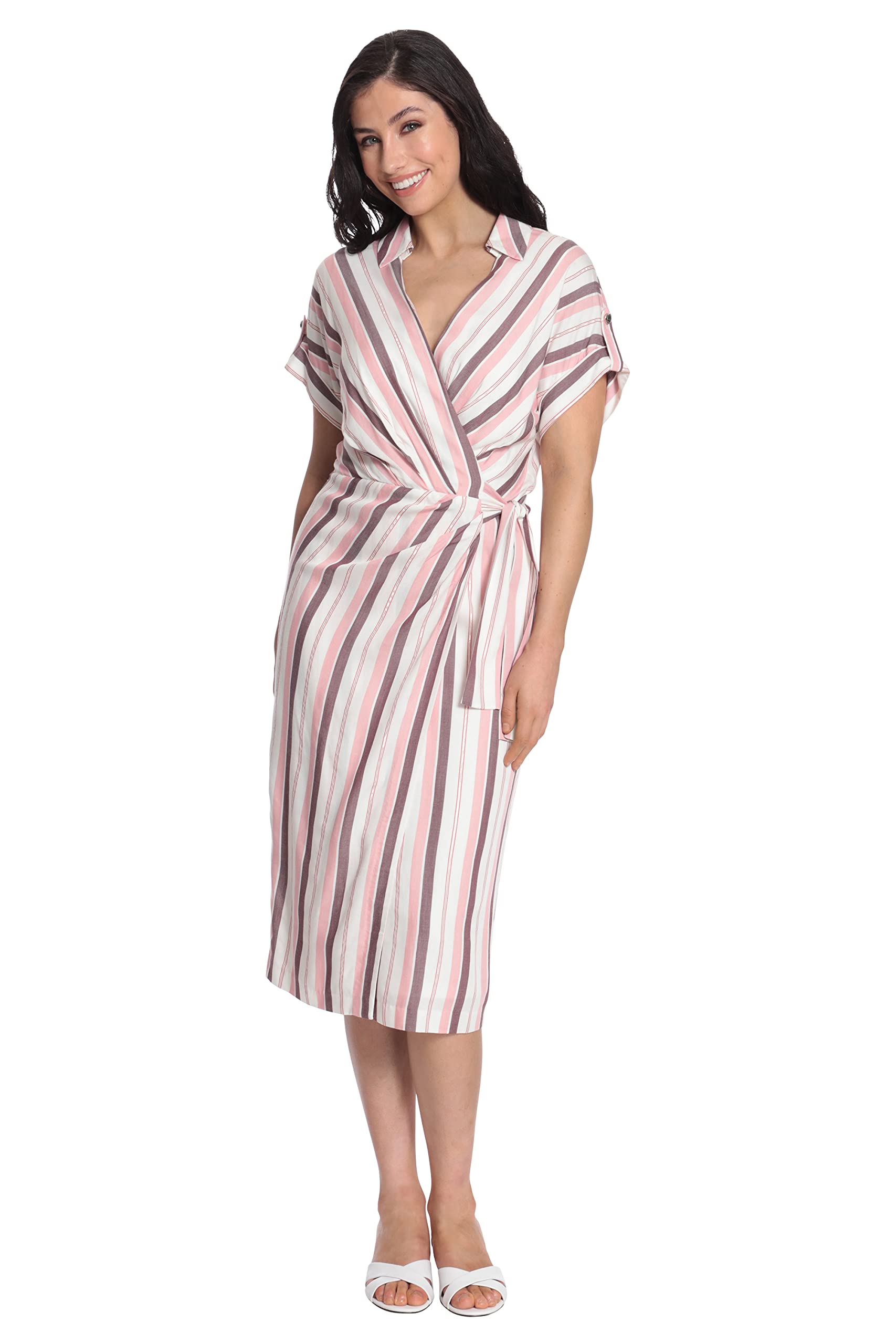 London Times Women's Striped Faux Wrap Collar V-Neck Midi Dress - Elegant Office & Cocktail Party Attire