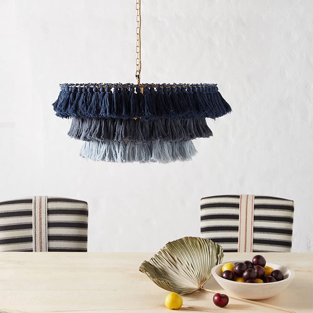 KWOKING Nordic Tiered Pendant Light - 1-Light Decorative Tassel Chandelier with Fiber Rope, 12