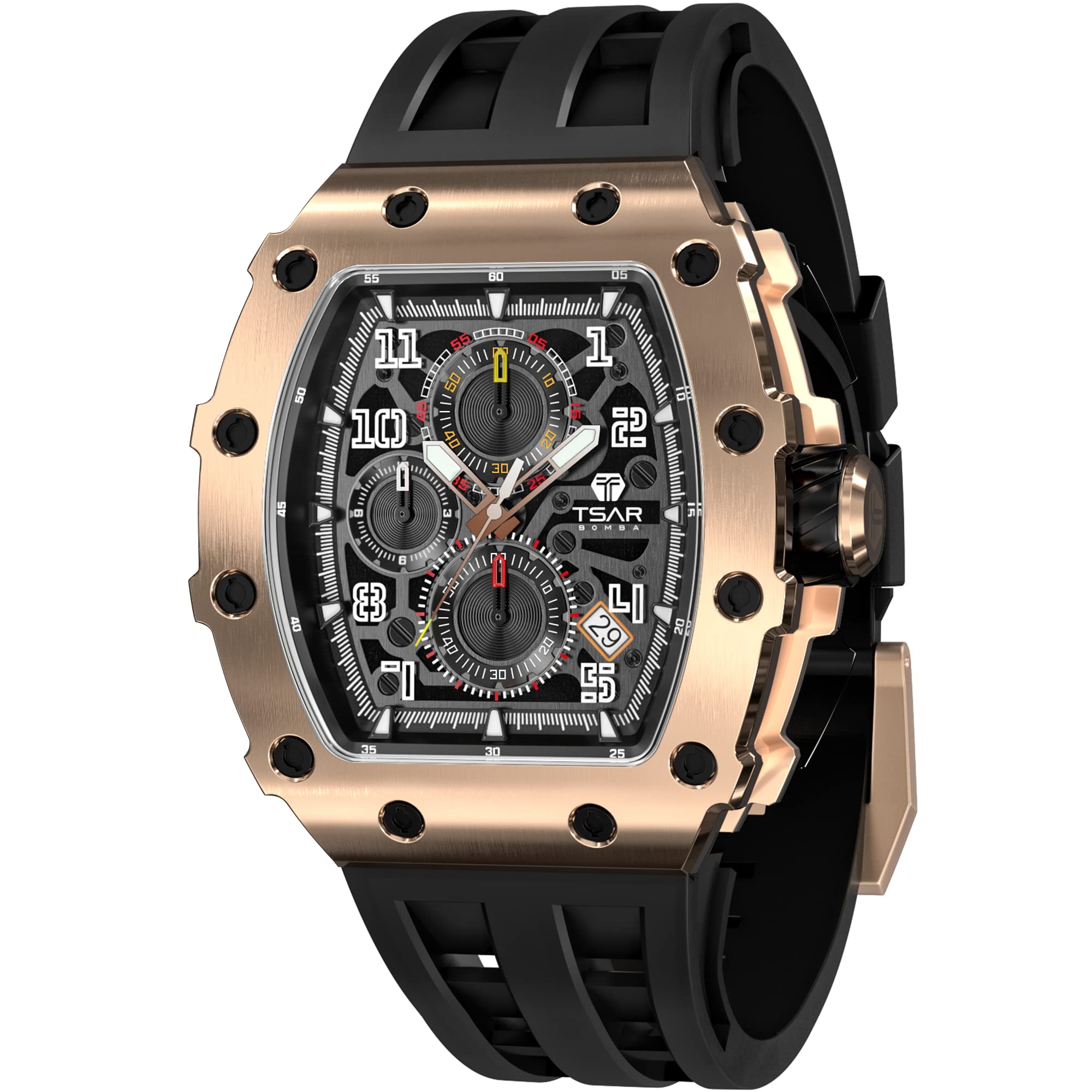 TSAR BOMBA Luxury Men's Watch - 50M Waterproof Tonneau Black Watch with Silicone Band, Japanese Quartz Chronograph Movement - Perfect for Business, Casual & Outdoor Activities - Great Gift for Men