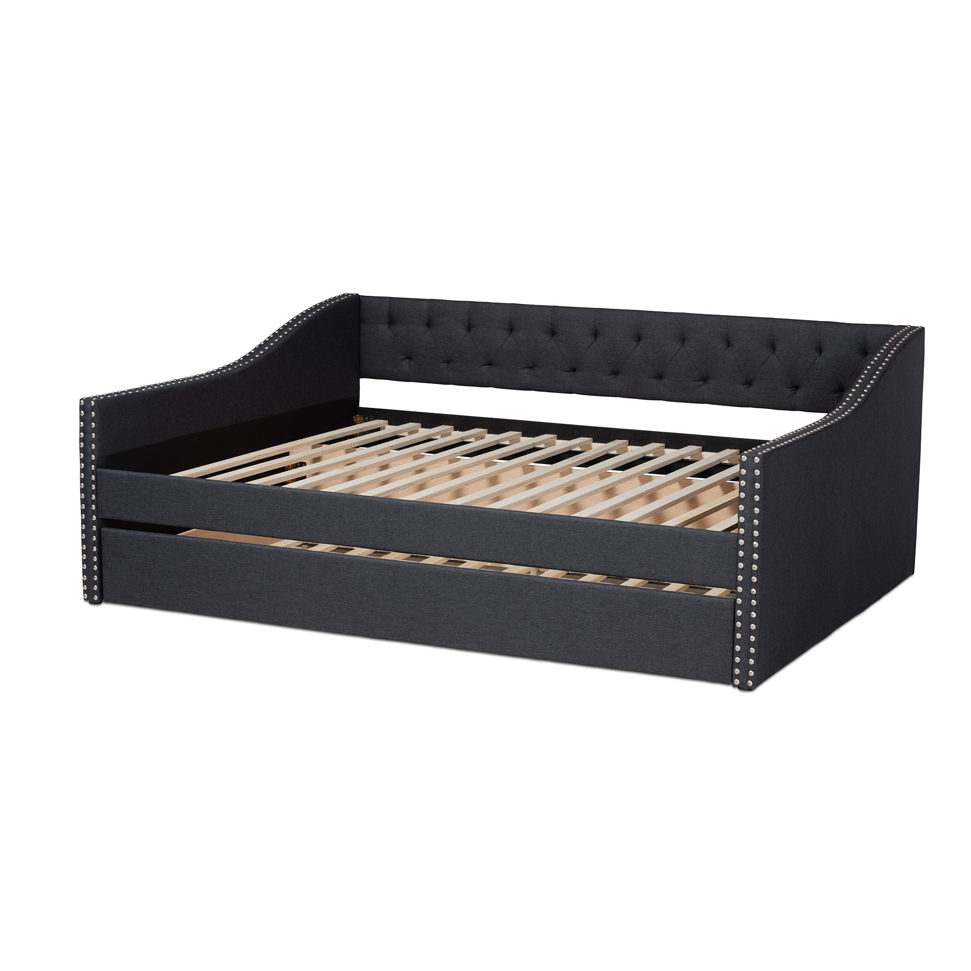Baxton Studio Modern Queen Daybed with Trundle - Dark Grey Upholstered Sleeper Sofa for Guest Room, Living Room & Small Spaces
