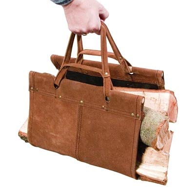 Panacea Firewood Log Bin with Scrolls & Leather Log Tote - Rustic Wood Storage for Fireplace, Camping & Outdoor Decor