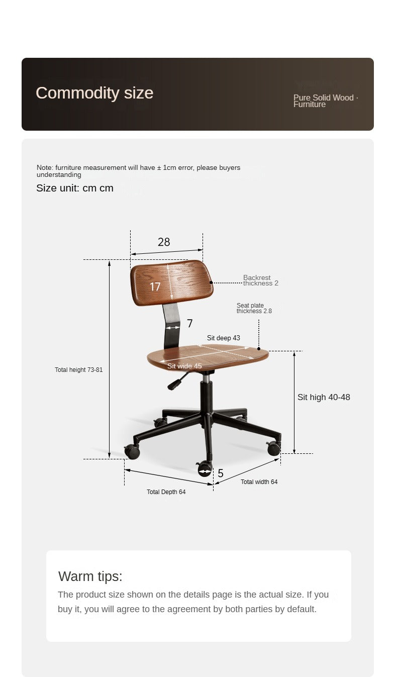 Modern Oak Solid Wood Lift & Swivel Office Chair - Ergonomic Rotatable Computer Desk Chair for Home & Office Workspace