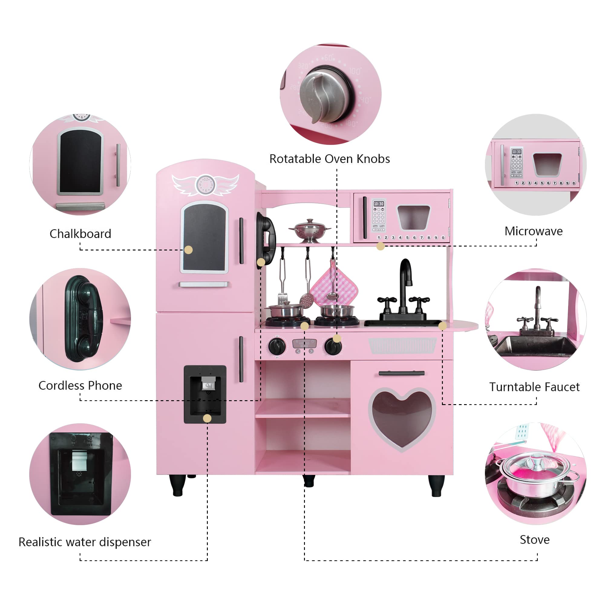 **TaoHFE Pink Wooden Play Kitchen Set for Kids - Interactive Toy Kitchen with Lights & Sounds, Perfect Gift for Girls & Boys Ages 3-8 - Pretend Play for Toddlers & Preschoolers (Ideal for Birthday, Christmas & Indoor Playtime)**