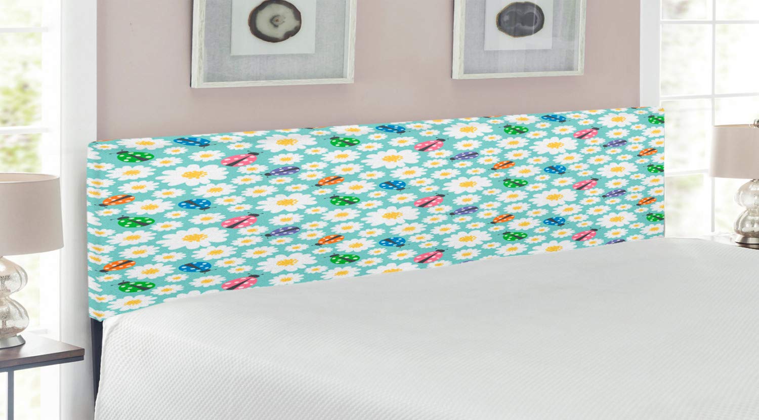 Ambesonne Ladybugs Upholstered Headboard - Colorful Daisies & Ladybirds Design, King Size Decorative Metal Bed Frame with Memory Foam - Bring Luck & Charm to Your Bedroom Decor | Perfect for Master Bedrooms, Guest Rooms & Bohemian Style Homes