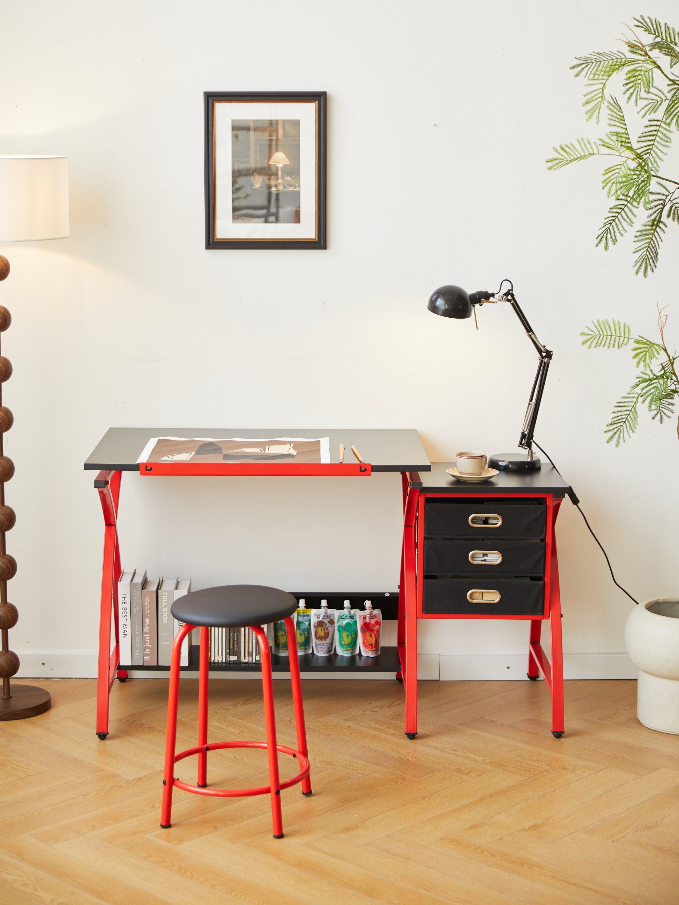 Adjustable Red Drafting Table with Stool - Perfect for Artists, Architects & Students - Home Office & Studio Drawing Desk