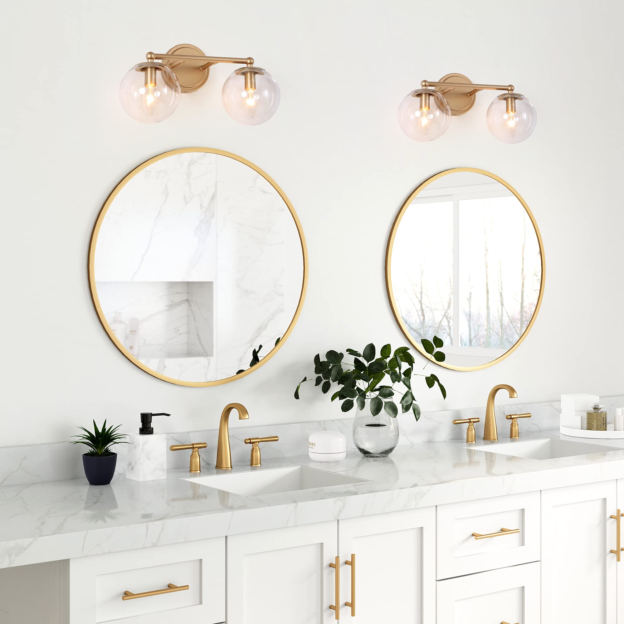 Modern Gold Bathroom Vanity Light Fixture - 2-Light LED Bathroom Sconce with Clear Glass Globe Shade (15
