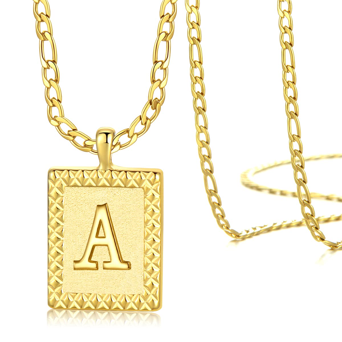 Personalized Gold Initial Necklaces for Women, Men & Boys - A-Z Stainless Steel Square Letter Pendant with Trendy Figaro Chain | Perfect for Gifts, Anniversaries & Everyday Fashion