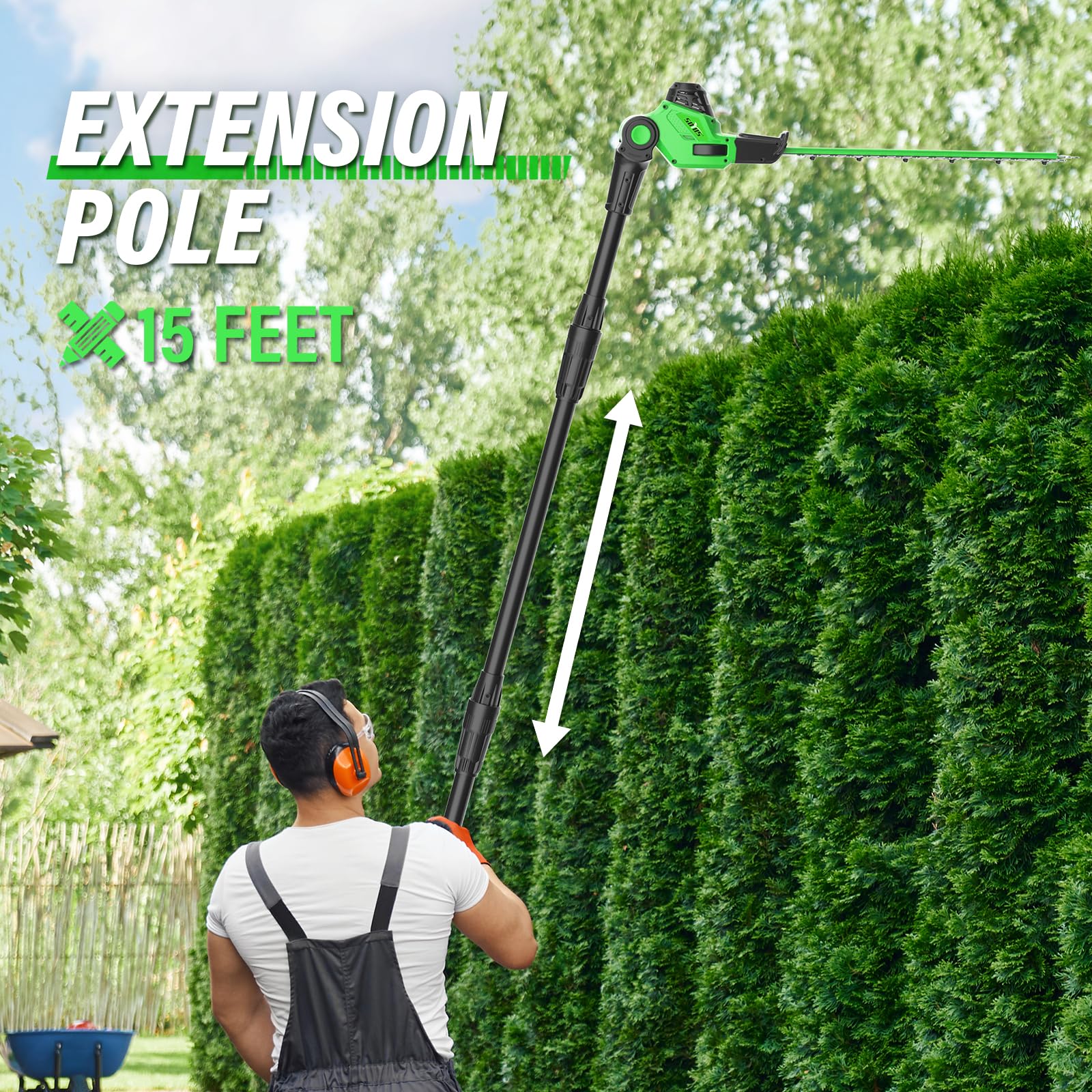 SOYUS 18-Inch Cordless Pole Hedge Trimmer with Extension Pole - 15-Foot Max Reach, Multi-Angle Adjustment, 2.0Ah Battery & Charger Included - Perfect for Tall Hedges, Bushes, and Hard-to-Reach Landscaping Areas