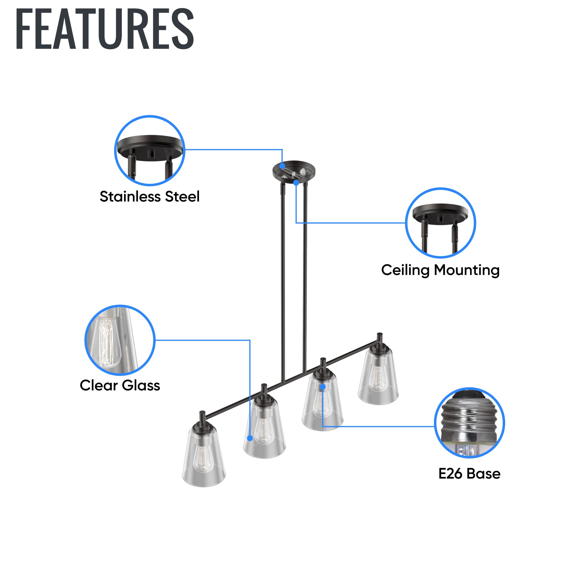 LEDMyplace 4-Light Linear Pendant Light Fixture - Oil Rubbed Bronze Farmhouse Chandelier with Clear Glass Shades - E26 Base (Bulbs Not Included) - Perfect for Kitchen Island, Dining Room, Bedroom & Modern Farmhouse Decor