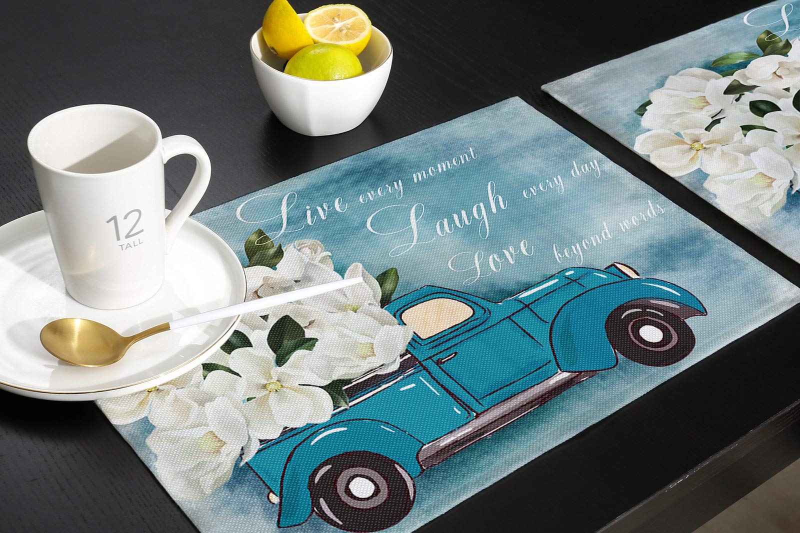 4-Pack White Floral Blue Truck Placemats - Heat-Resistant Cotton Linen Table Mats for Dining, Farmhouse & Holiday Decor - Non-Slip Kitchen Table Mats for Everyday Use & Special Occasions
