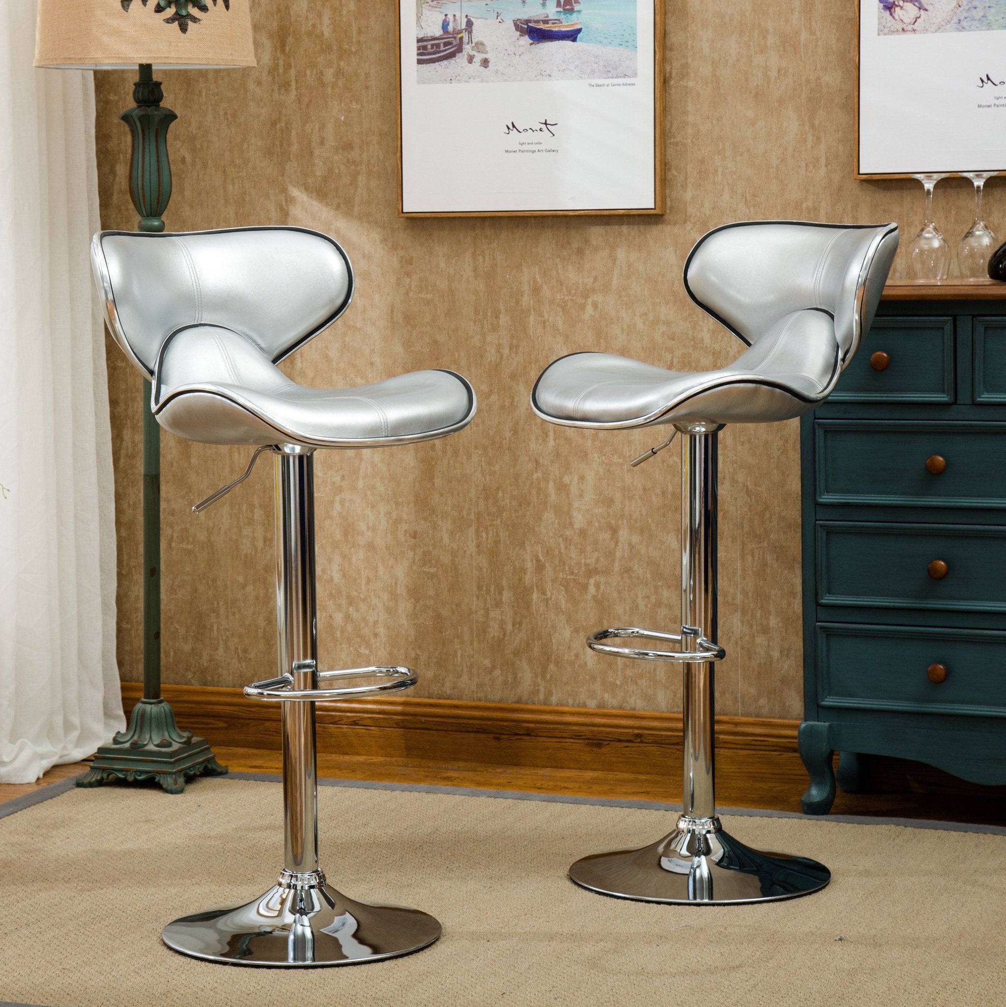 Roundhill Furniture Masaccio Adjustable Swivel Bar Stool - Set of 2, Leatherette Upholstered with Chrome Base, Silver - Perfect for Kitchen Islands, Home Bars & Counter Height Dining