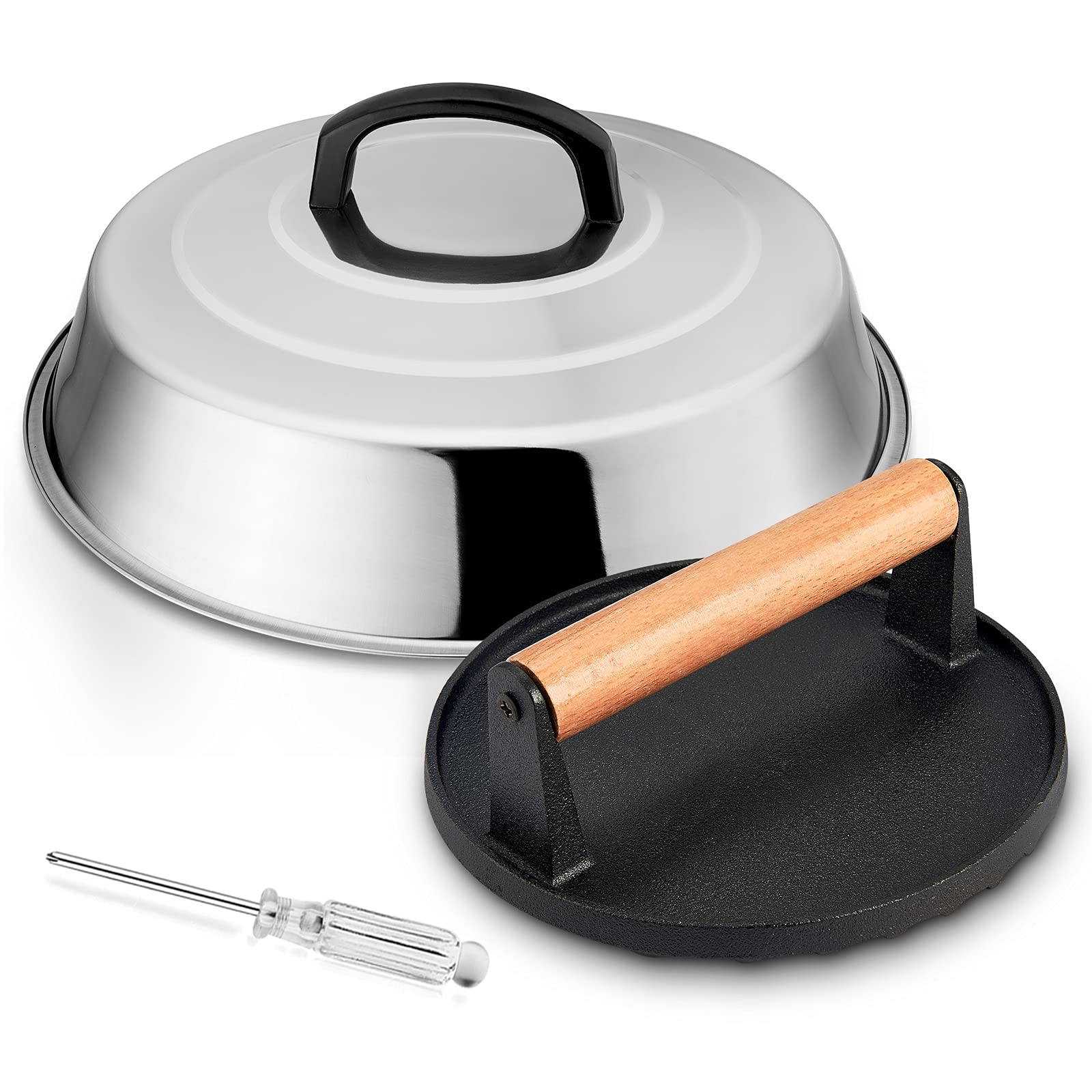 HaSteeL 12-Inch Stainless Steel Cheese Melting Dome & 7-Inch Cast Iron Grill Press Set - Heavy Duty Burger Bacon Press with Basting Cover - Perfect for Teppanyaki, Flat Top Griddle, Indoor & Outdoor Cooking (BBQ, Camping, Restaurant Use)