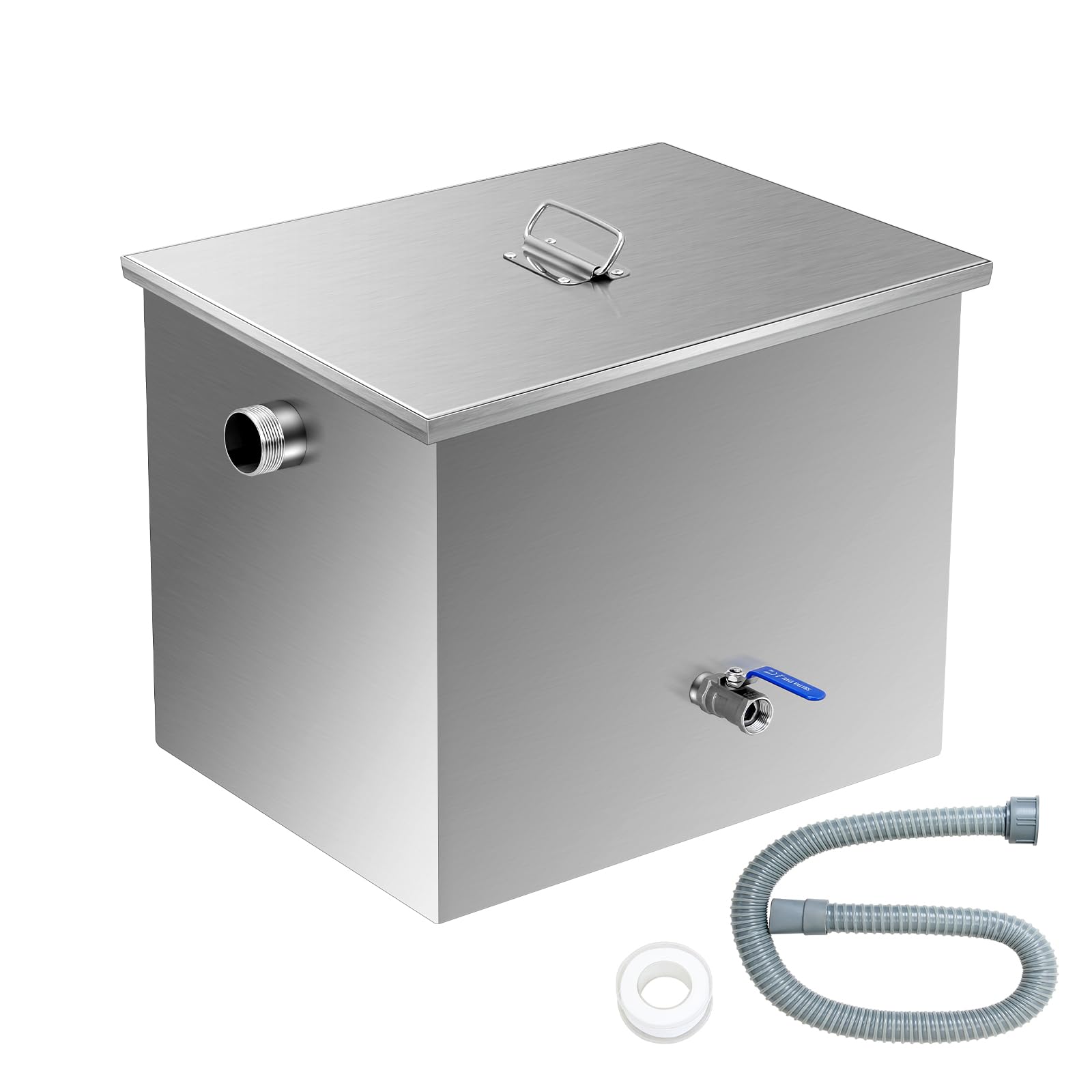 25LB Commercial Stainless Steel Grease Interceptor - Under Sink Kitchen Grease Trap with Side Water Inlet | Oil-Water Separator for Restaurants, Food Trucks & Commercial Kitchens