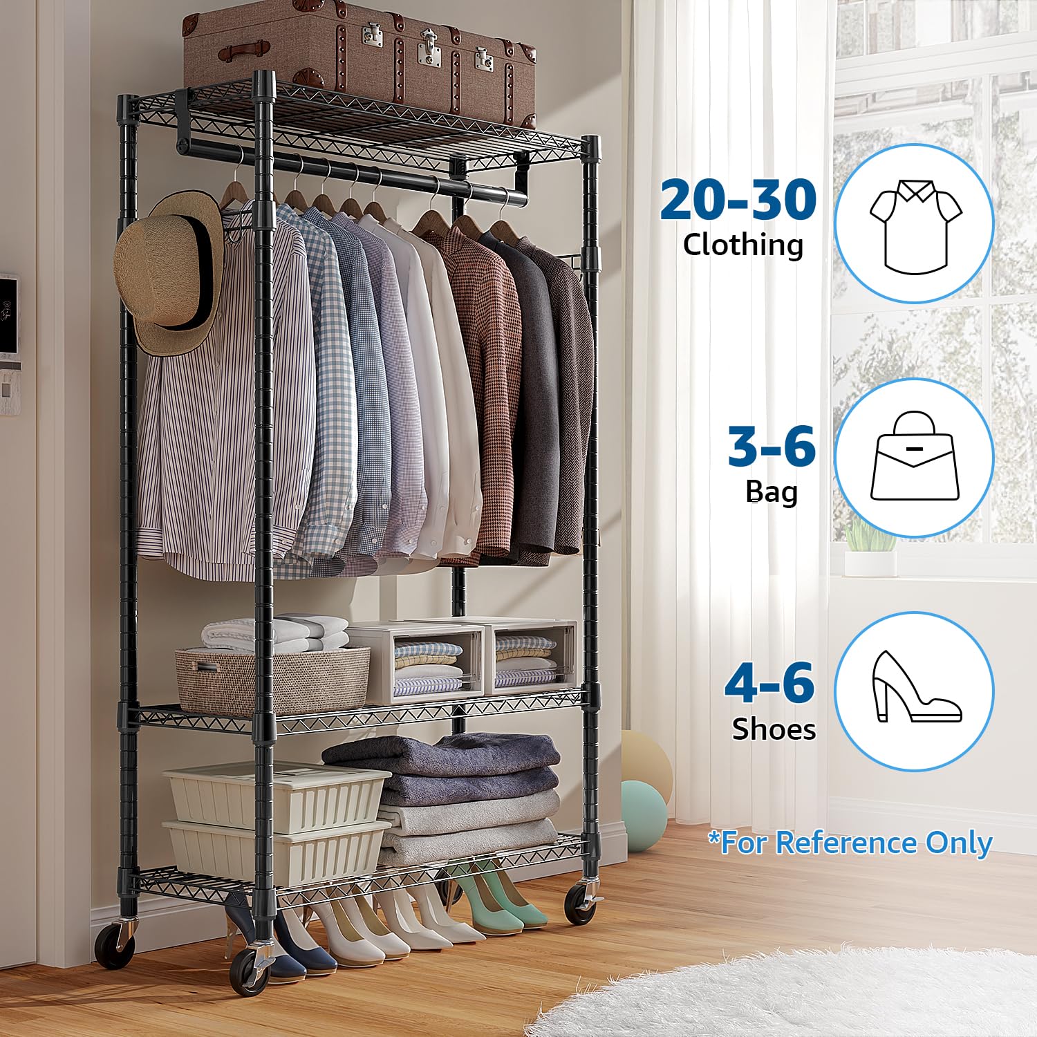 MZG Heavy Duty Rolling Garment Rack - 3 Tier Adjustable Wire Shelving Clothes Rack with Hanging Rod & Side Hooks, Mobile Storage Closet Organizer with Wheels (Black, 15.7