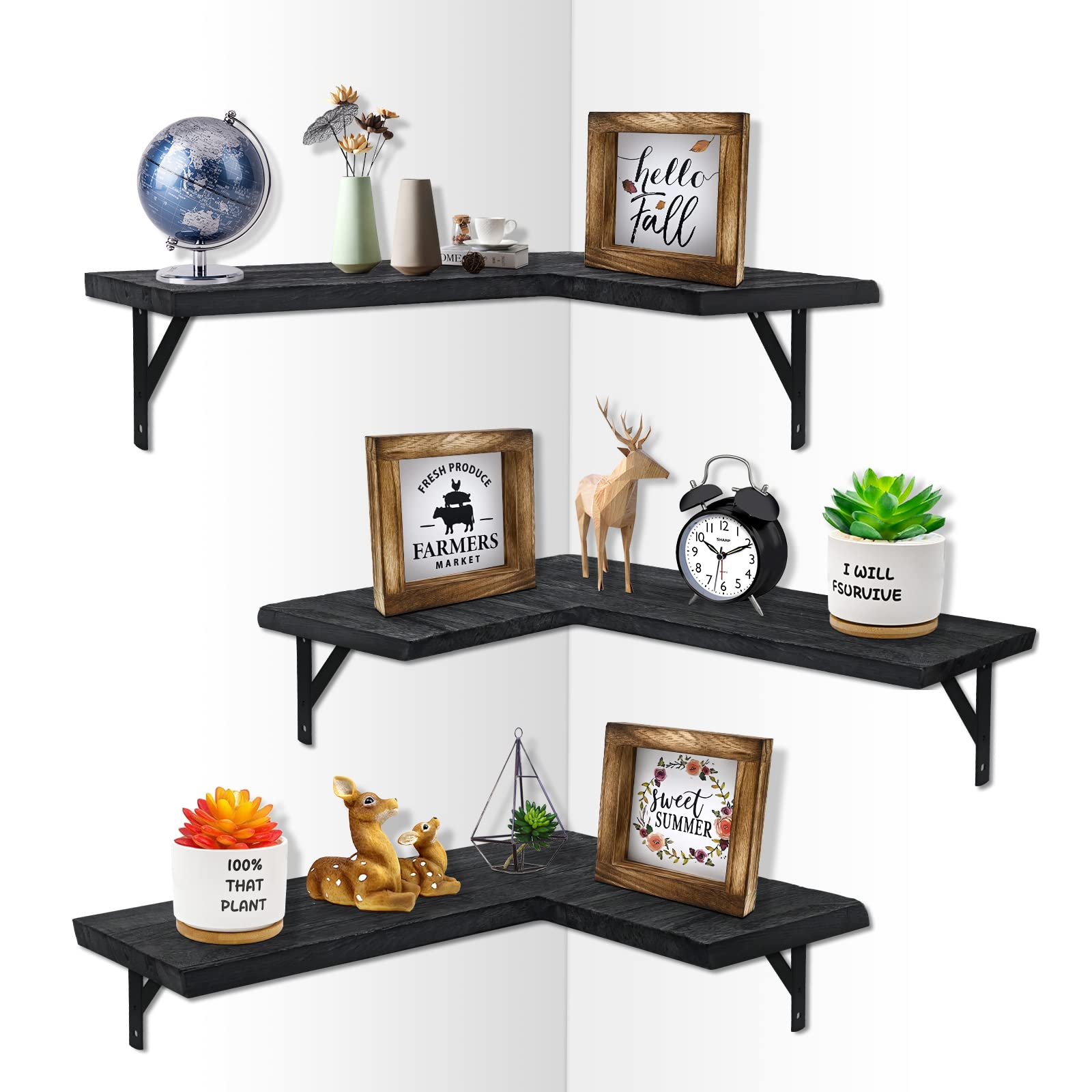 Rustic Wood Corner Floating Shelves Set of 3 - L-Shaped Wall Mounted Display & Storage Shelves for Bathroom, Living Room, Bedroom, Kitchen & Office - Perfect for Organizing Books, Decor & Essentials in Small Spaces