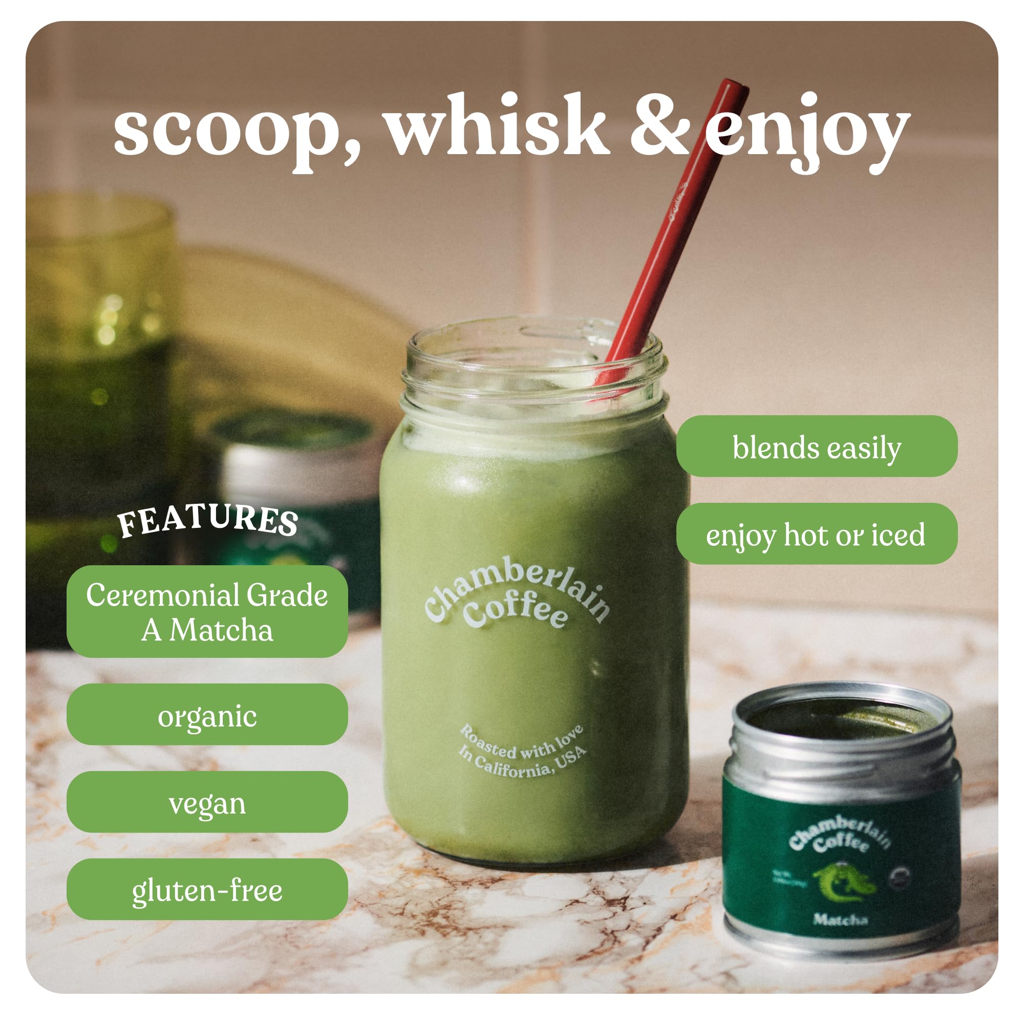 Chamberlain Coffee Matcha Starter Kit - Premium Ceremonial Grade Green Tea Matcha Powder with Milk Frother, Mason Jar & Stainless Steel Straws (1.06 Oz) - Perfect for Home Baristas, Tea Lovers & Healthy Morning Routines