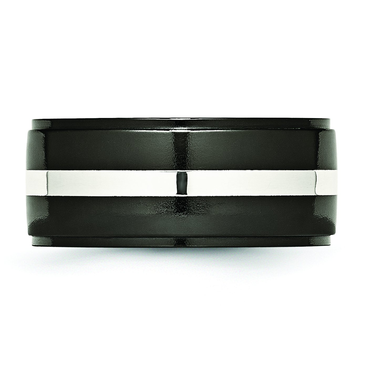 Men's Black Titanium Wedding Band Ring with Sterling Silver Inlay - 10mm Polished Comfort Fit Ring for Men - Perfect for Engagement, Wedding, Anniversary & Everyday Wear
