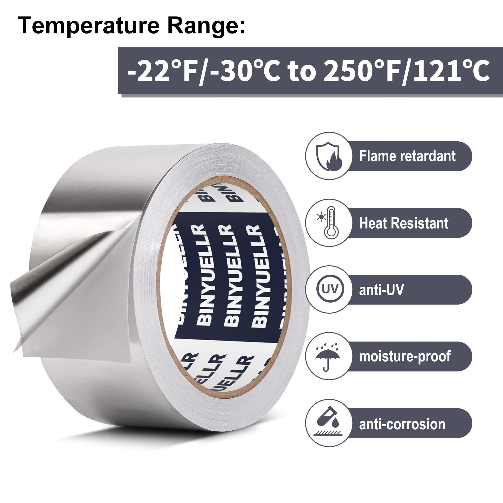 Heavy Duty Aluminum Foil Tape - 2 Inch x 65 Feet, HVAC Silver Metal Duct Tape for Heat Insulation & Dryer Vent Sealing | Reflective, Waterproof & Durable for Ductwork Repair, Home Improvement & Industrial Use