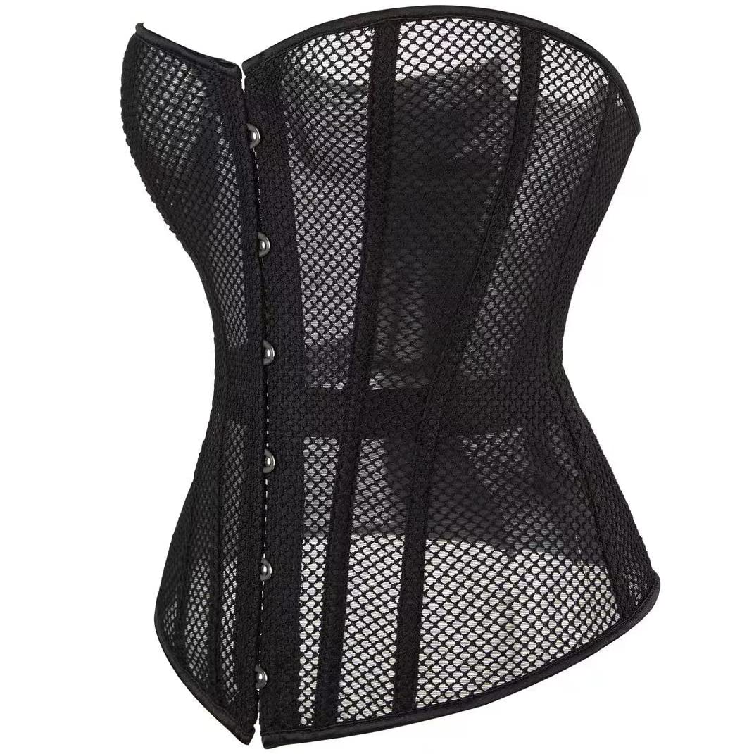 SHYMMUO Women's Black Corset Top - Mesh Boned Body Shaper, Sexy Lace Up Overbust Waist Trainer for Shapewear, Burlesque, Cosplay & Evening Wear
