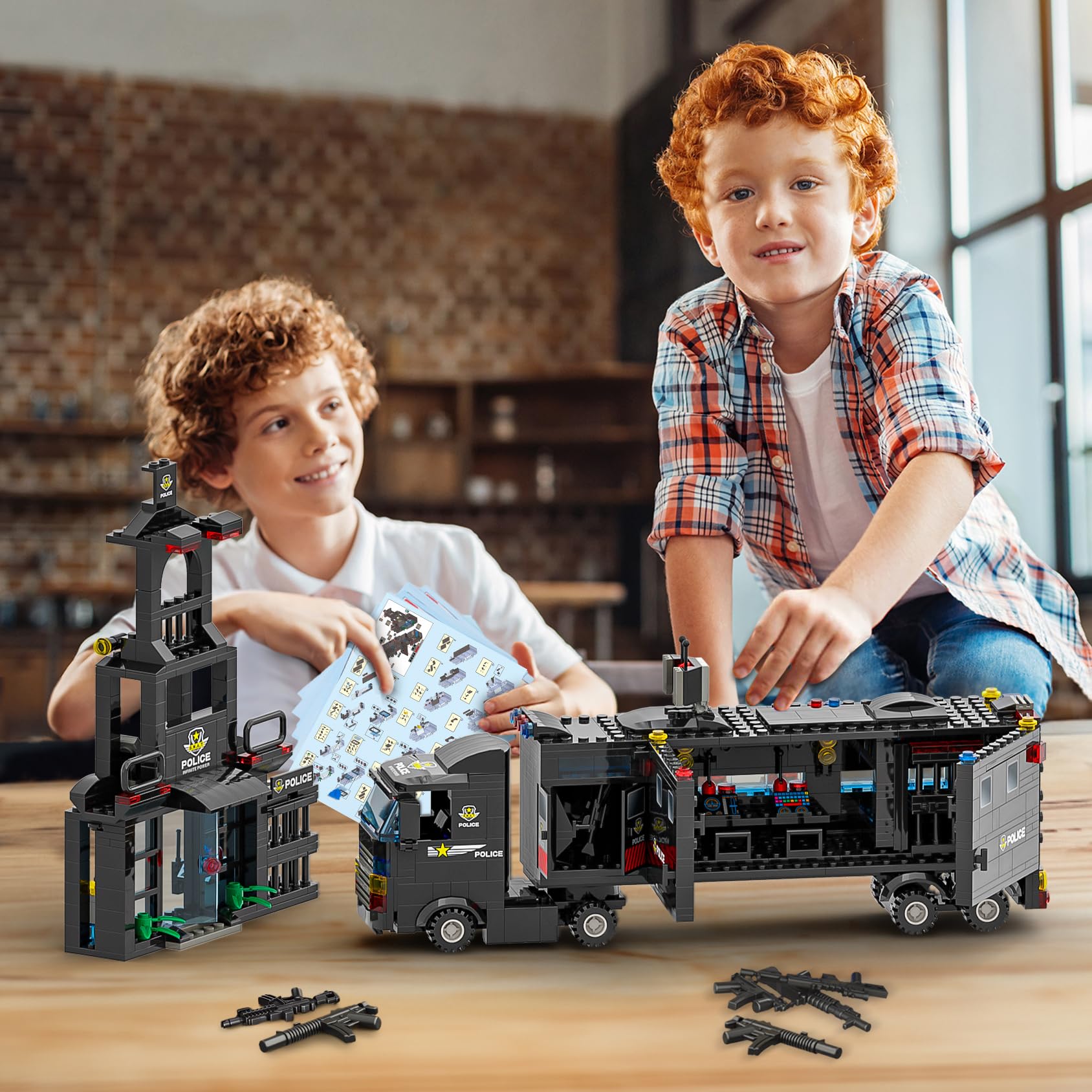 WishaLife 8-in-1 City Police SWAT Mobile Command Center Truck Toy Building Set with Police Station, Car, Helicopter & Boat - STEM Educational Construction Play Set for Kids Boys Girls Ages 6+ - Perfect for Role Play, Birthday Gifts & Creative Building Fun