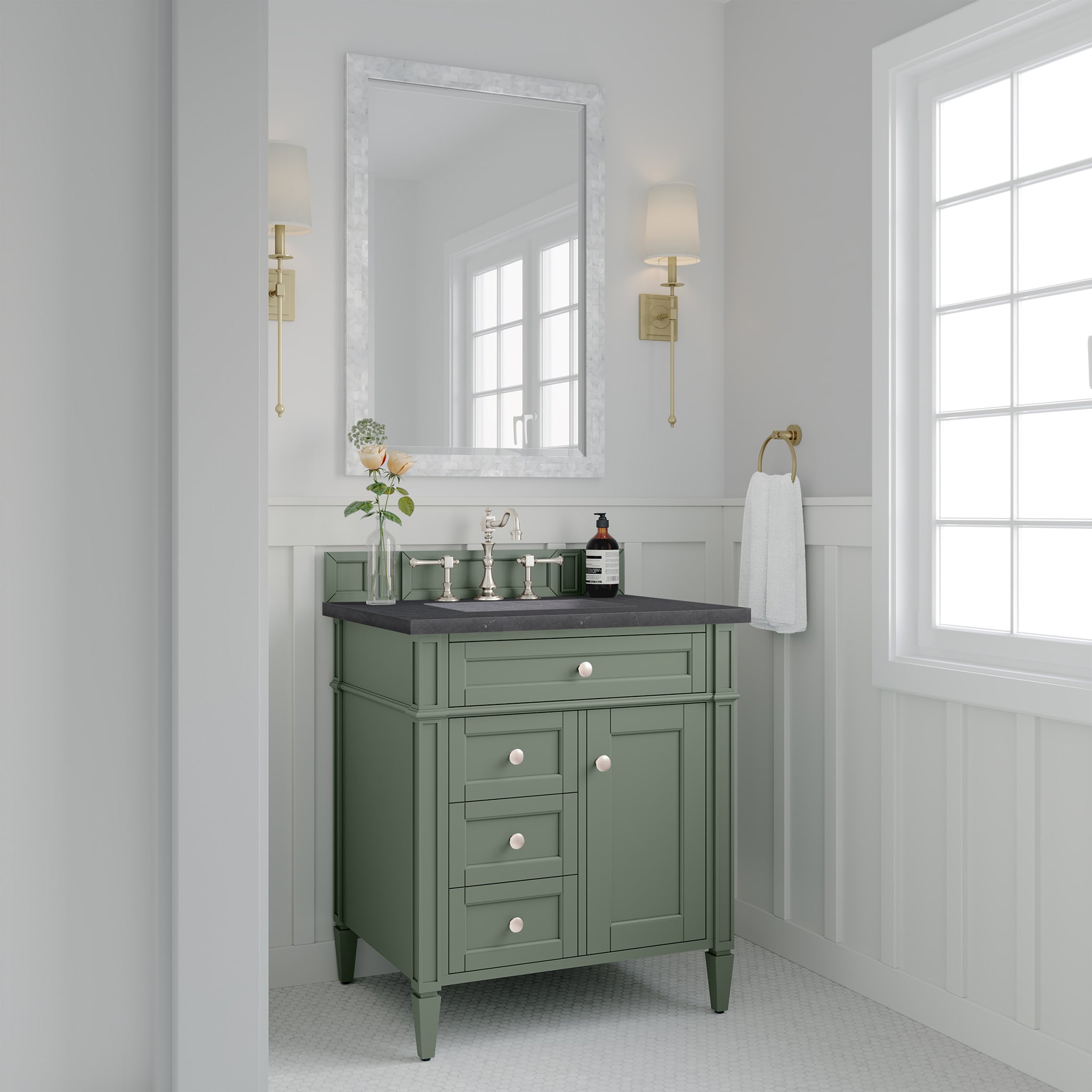 Brittany 30-Inch Single Bathroom Vanity in Smokey Celadon with 3CM Charcoal Soapstone Top - Perfect for Modern Master Bathrooms & Powder Rooms