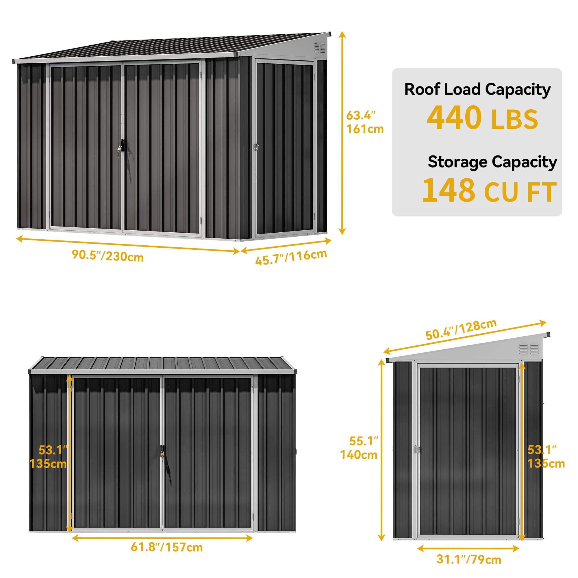 DWVO 8x4 FT Outdoor Weatherproof Storage Shed - Heavy Duty Metal Bike Shed with Lockable Door | Secure Garden Storage for Lawn Equipment, Yard Tools, Waste Bins & Outdoor Gear | Perfect for Backyard, Patio & Garage Organization (Dark Gray)