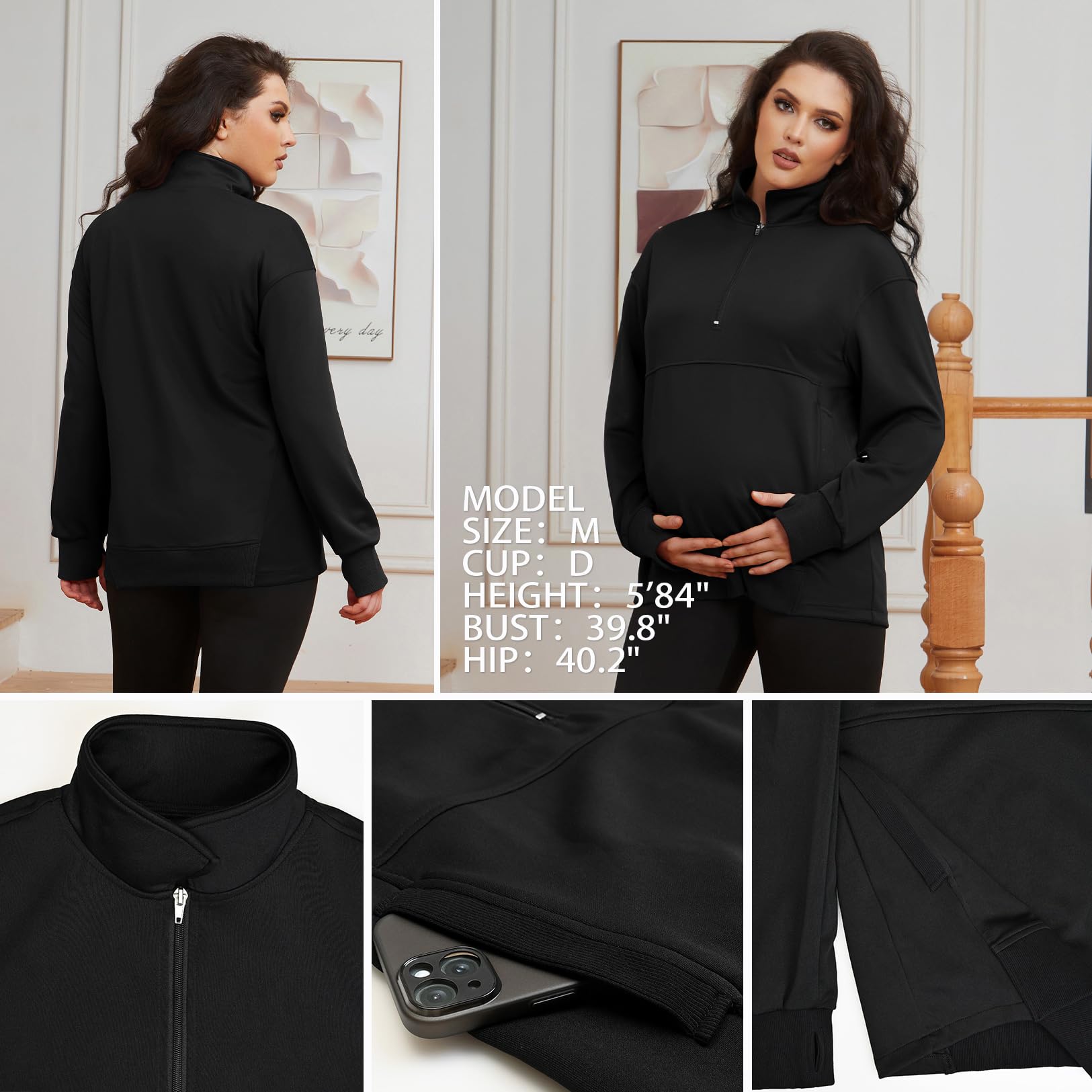Bhome Maternity Sweatshirt - Half Zip Active Maternity Shirt with Thumbholes & Pockets - Long Sleeve Pullover for Pregnancy Comfort - Perfect for Yoga, Walking & Everyday Wear