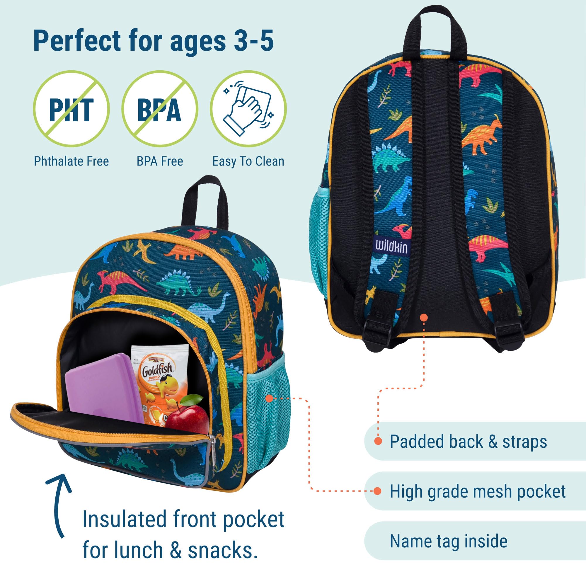 Wildkin 12 Inch Kids Backpack with Matching Nap Mat Cover - Jurassic Dinosaur Print - Perfect for Preschool, Daycare & Travel Adventures