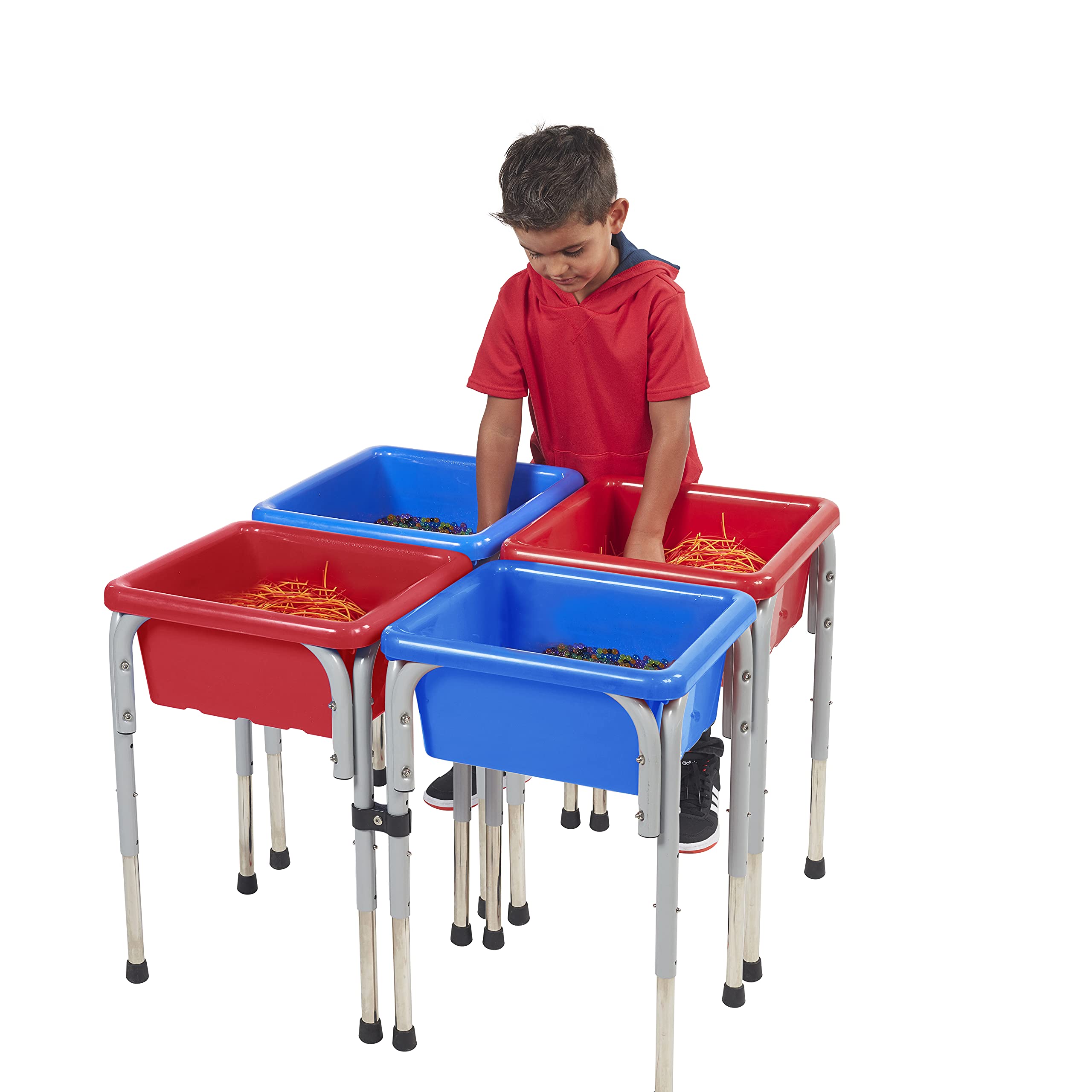 ECR4Kids 4-Station Adjustable Sand and Water Play Table - Sensory Activity Table for Kids - Blue & Red - Perfect for Preschool, Daycare & Indoor/Outdoor Play