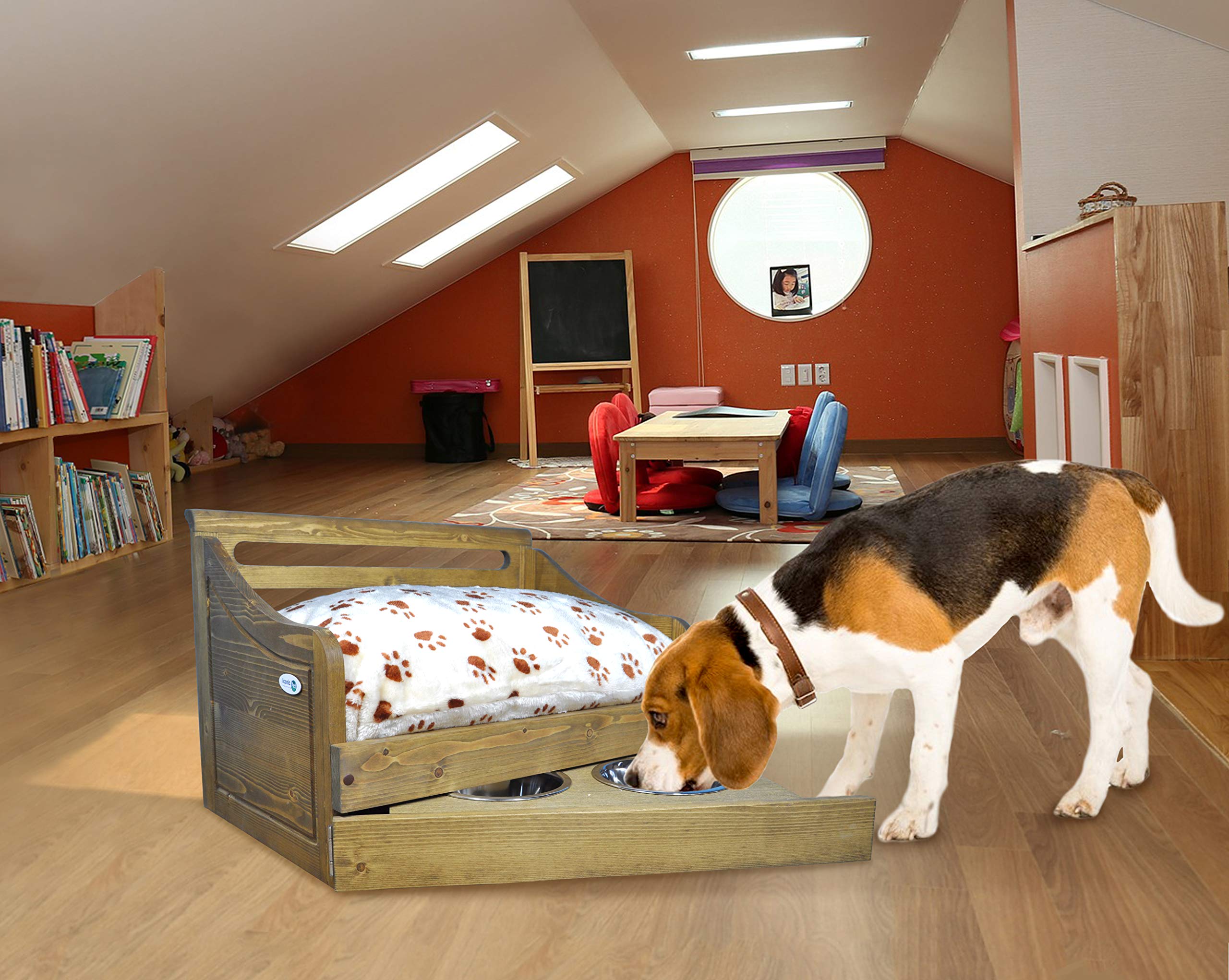 Stylish Rustic Brown Wooden Pet Bed with Feeder - Small Multipurpose Pet Furniture for Dogs & Cats - Perfect for Living Room, Bedroom or Outdoor Use