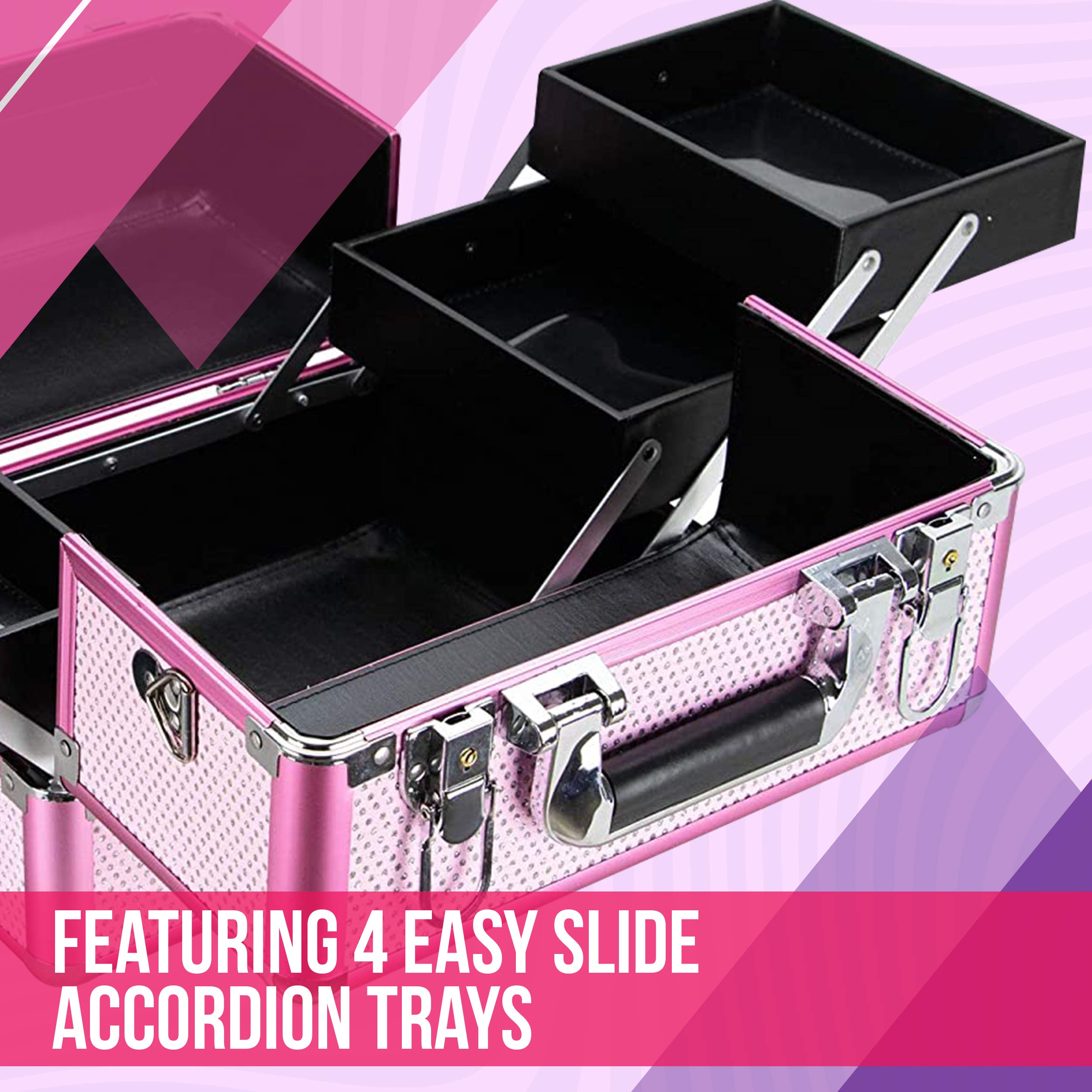 Ver Beauty Professional Makeup Case - 2 Tier Extendable Travel Makeup Organizer with Heavy Duty Construction, Pink Krystal Cosmetic Bag (VP009-43) | Perfect for Makeup Artists, Travel & Salon Storage