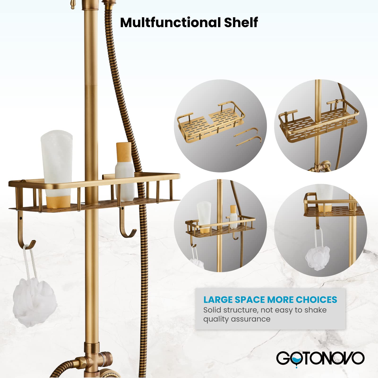 Gotonovo 8 Inch Antique Brass Exposed Shower Faucet System - Wall Mounted Double Cross Handle with Adjustable Rain Shower Head & Handheld Sprayer, 2 Functions & Built-in Shelf | Perfect for Vintage Bathroom Renovation & Spa-Like Shower Experience