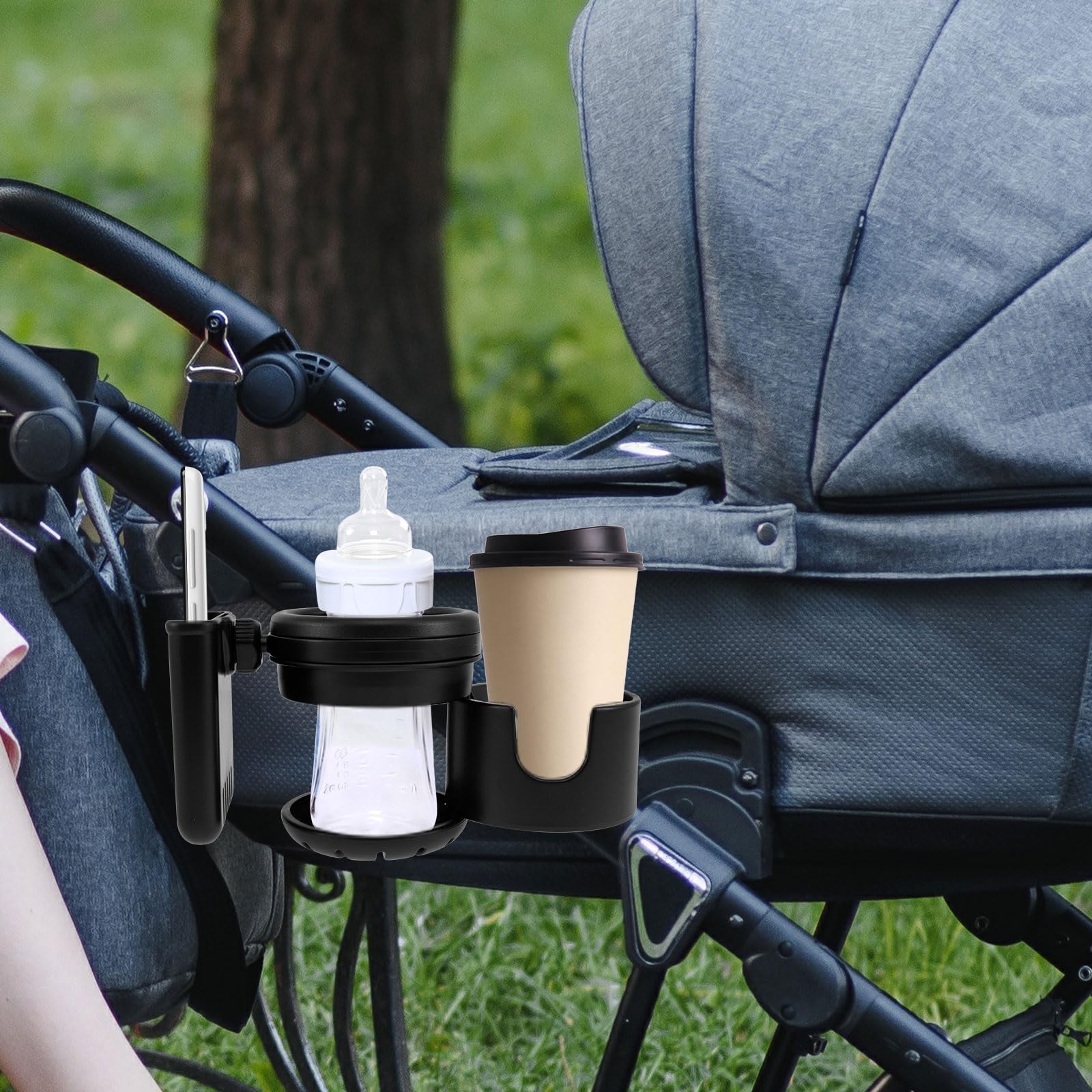 Universal Baby Stroller Cup Holder with Phone Pocket - Retractable, Non-Slip Stroller & Bike Drink Holder - Black Stroller Organizer Accessories for Parents On-The-Go (Perfect for Walks, Jogging & Shopping Trips)