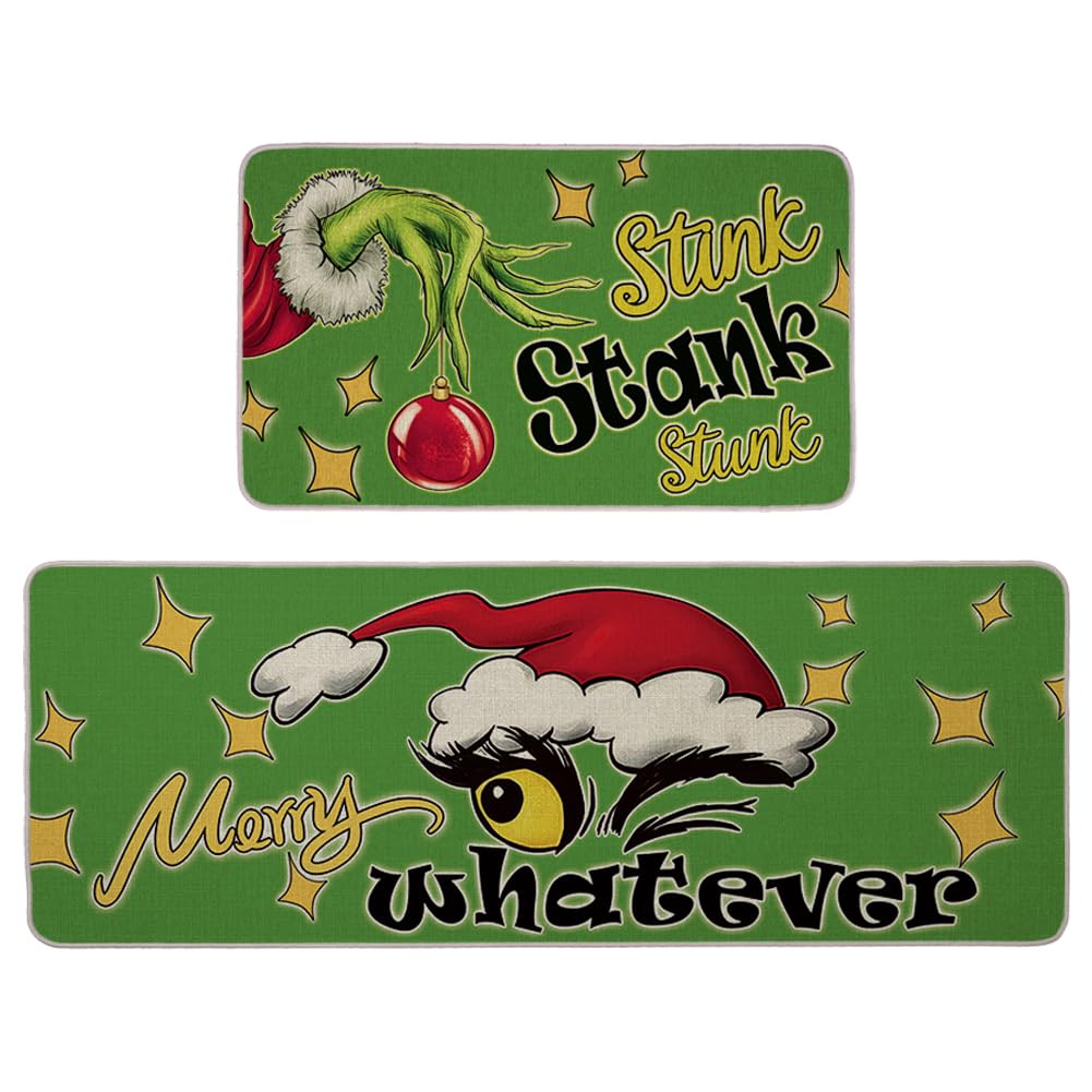 Christmas Kitchen Floor Rugs Set of 2 - Non-Slip Soft Washable Holiday Mats for Kitchen, Sink, Bathroom & Laundry Room - Festive Green Indoor Decor for Holiday Cooking & Home Decorating