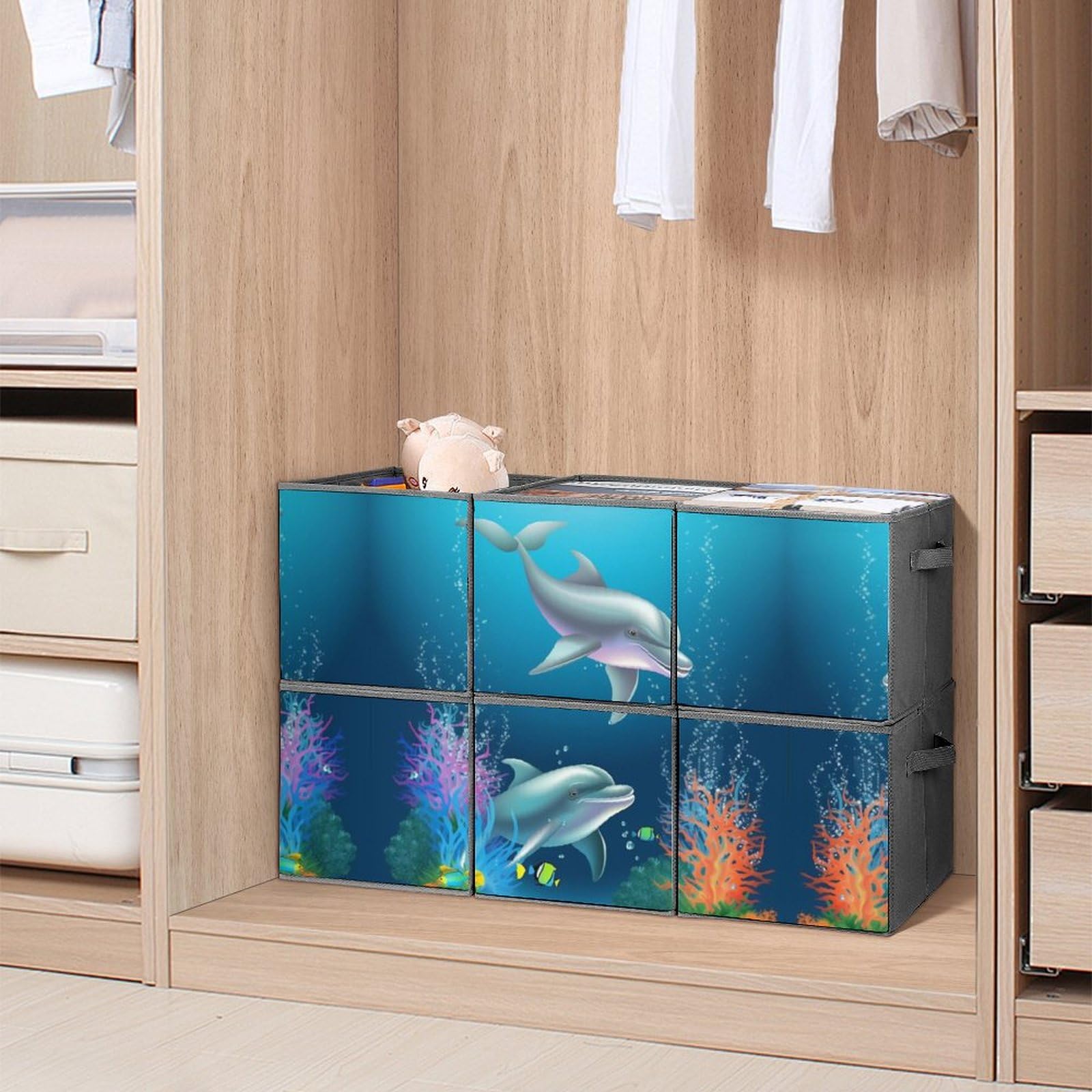 6-Pack Collapsible Storage Bins with Handles - Dolphin & Fish Pattern Storage Baskets for Closet, Clothing, Toys Organization - Space Saving Home & Office Organizer for Bedroom, Kids Room, Laundry