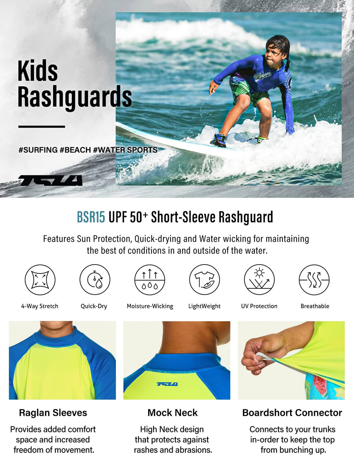 TSLA UPF 50+ Kids Rash Guard Short Sleeve UV Protection Swim Shirt - Youth Sun Protective Swimwear for Surfing, Swimming & Beach Activities
